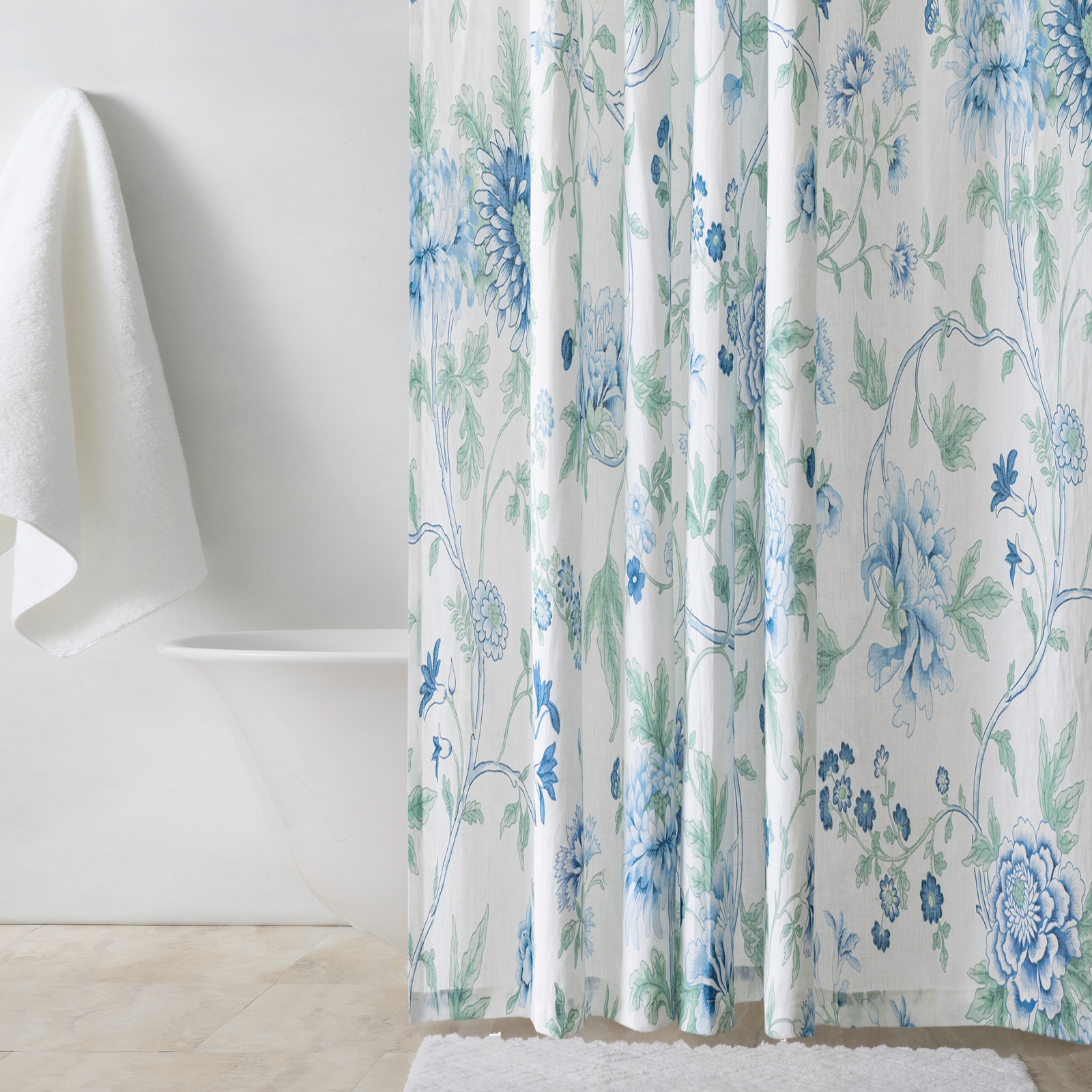 Bathroom with Matouk Simone Shower Curtain in Sea Color