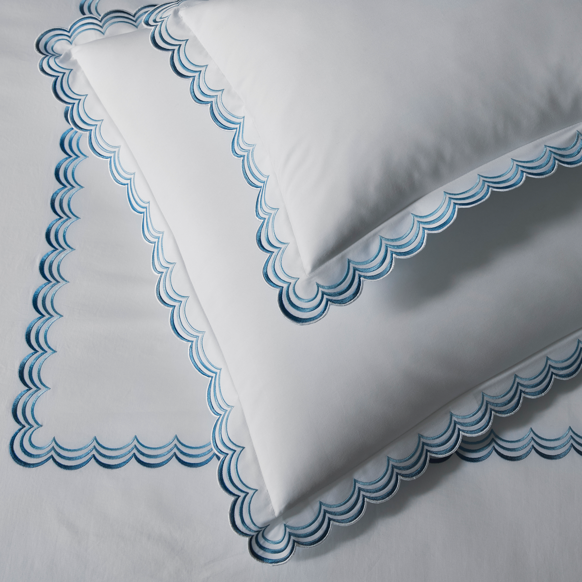 Sham Detail of Matouk Stella Bedding in Hazy Blue