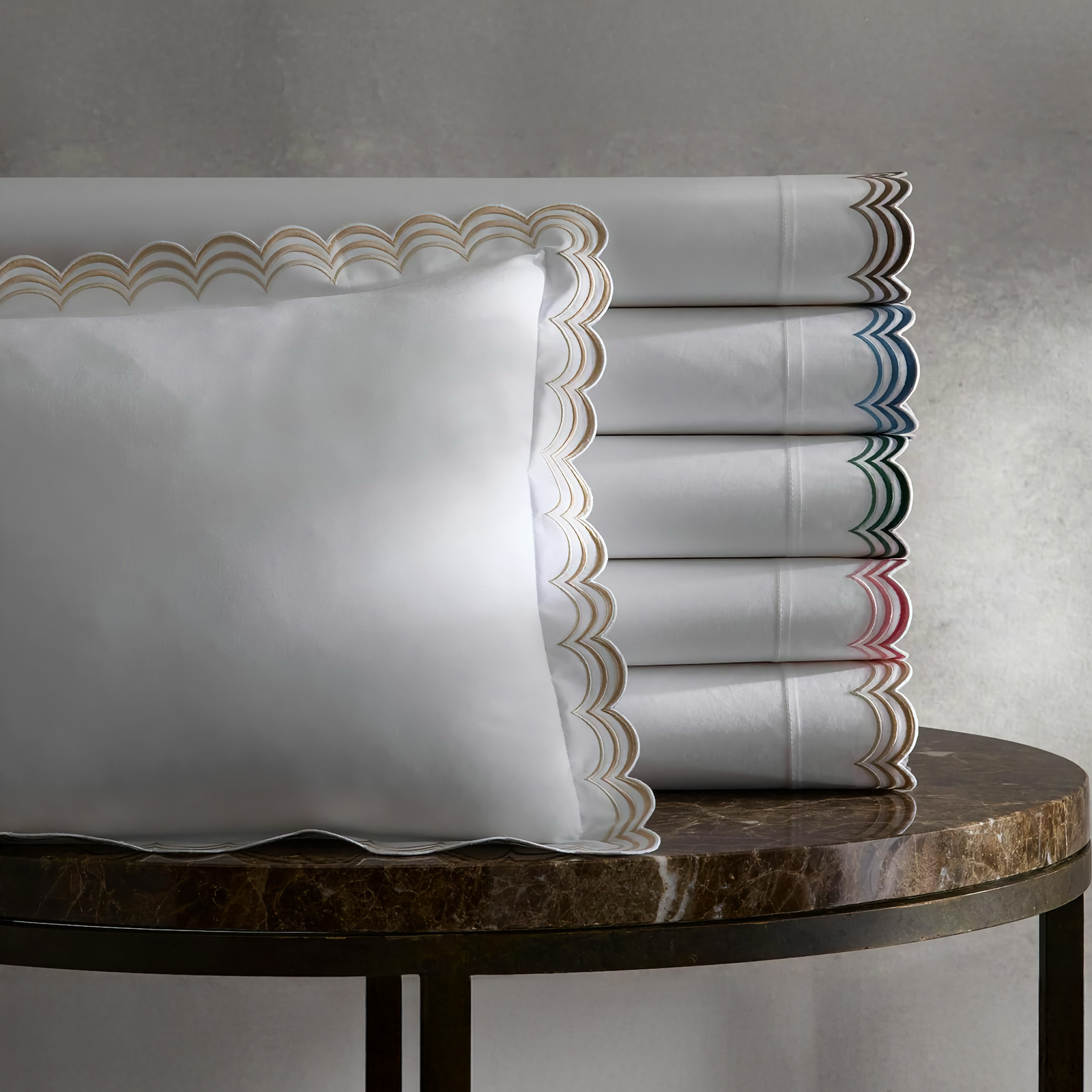 Matouk Stella Bedding in Champagne and Mocha and Hazy Blue and Green and Pink