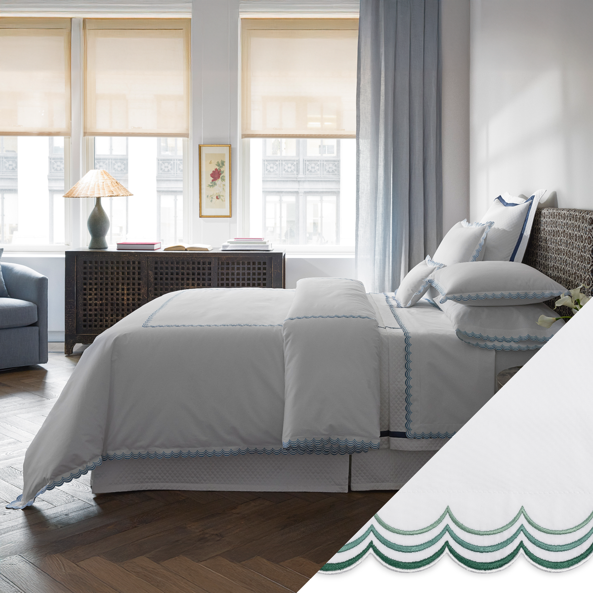 Matouk Stella in Hazy Blue shown with Green Swatch