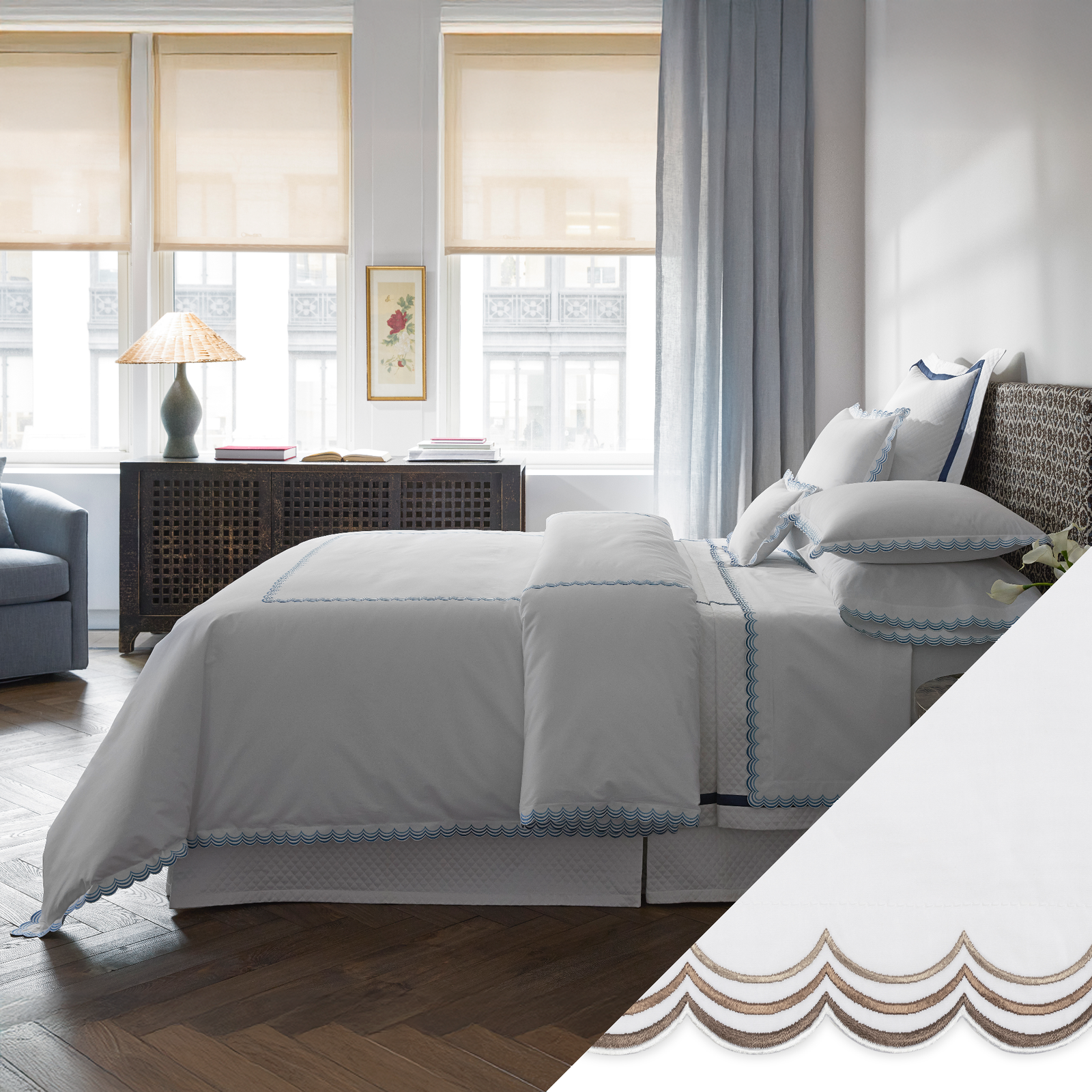 Matouk Stella in Hazy Blue shown with Mocha Swatch