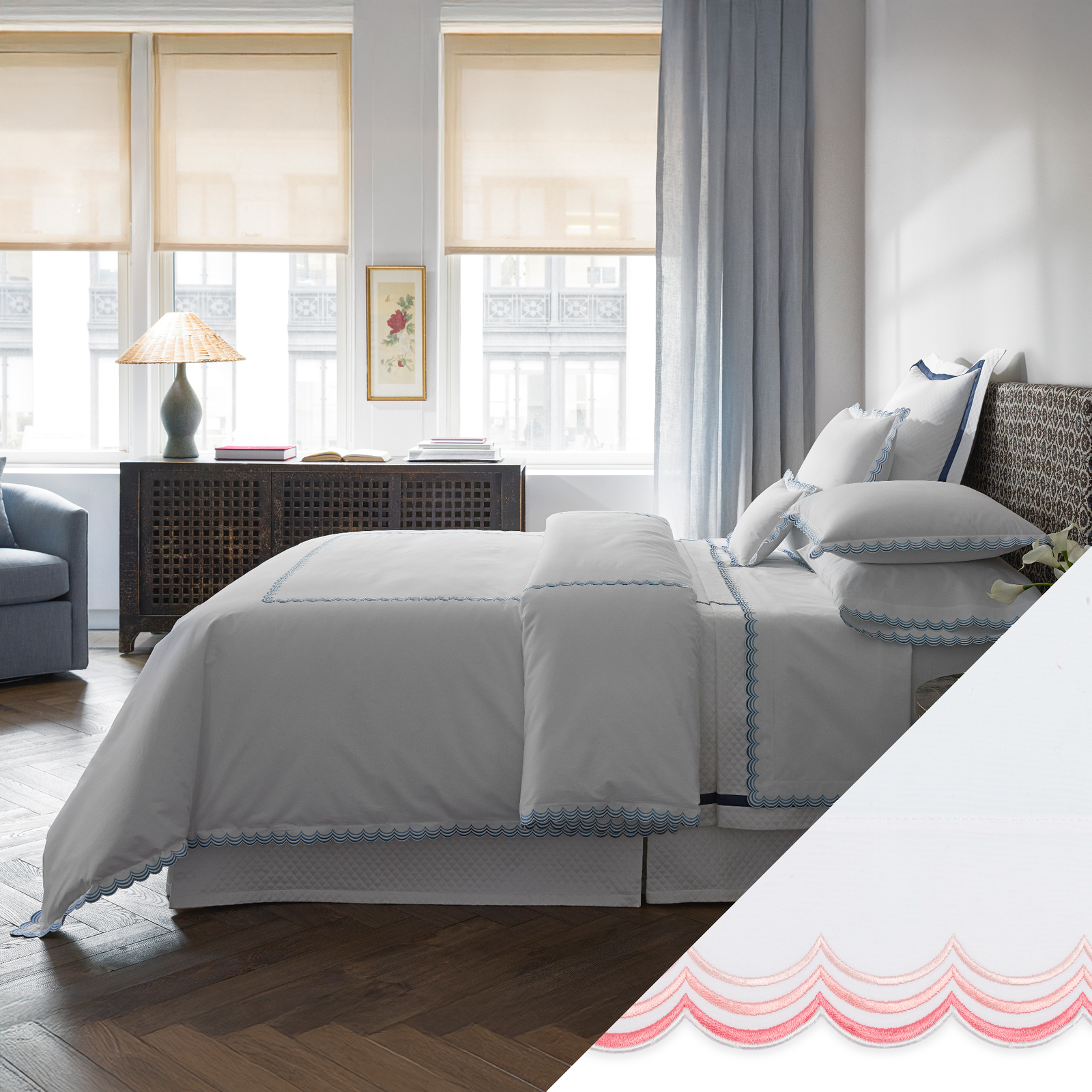 Matouk Stella in Hazy Blue shown with Pink Swatch