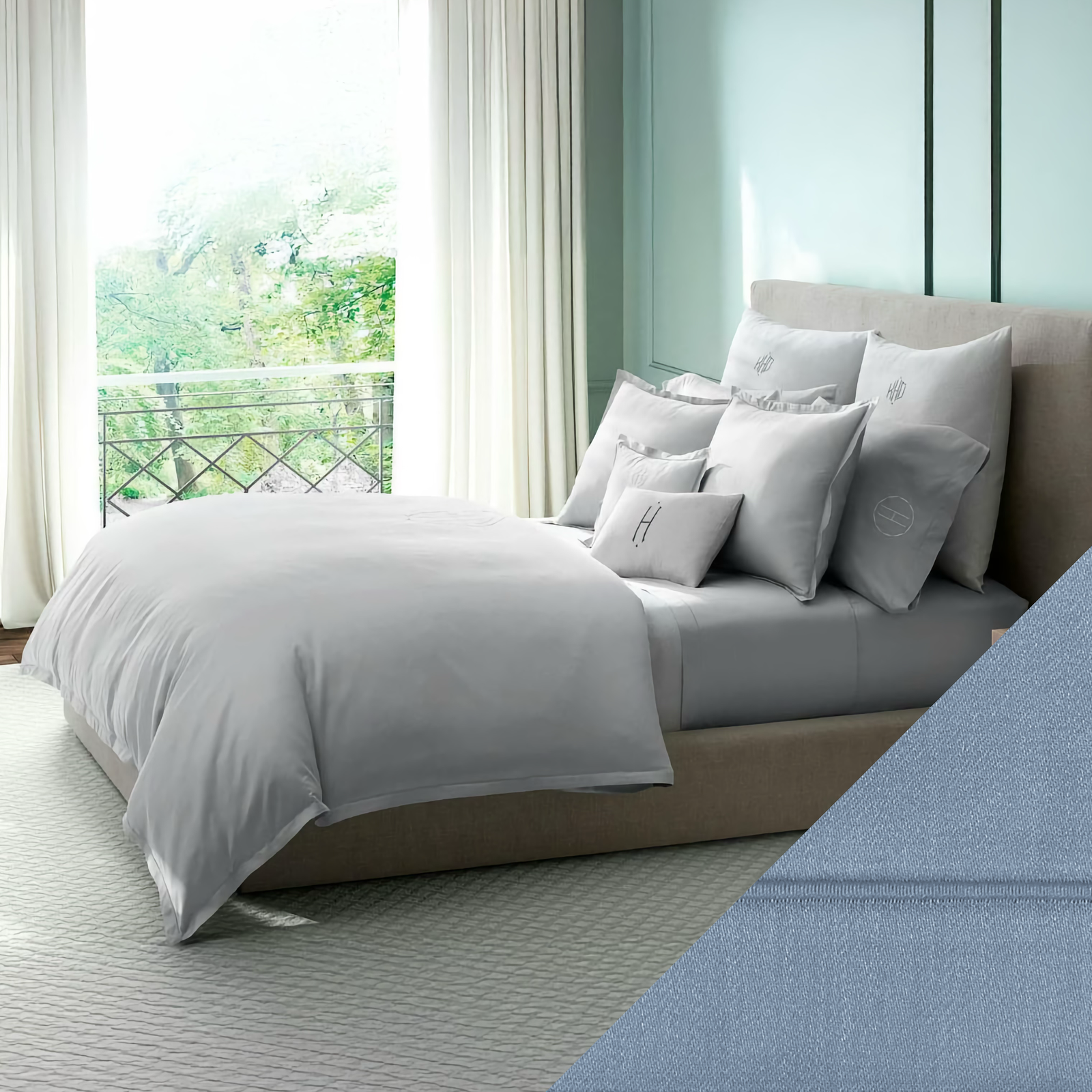 Matouk Talita Satin Stitch Bedding Collection with Hazy Blue Swatch