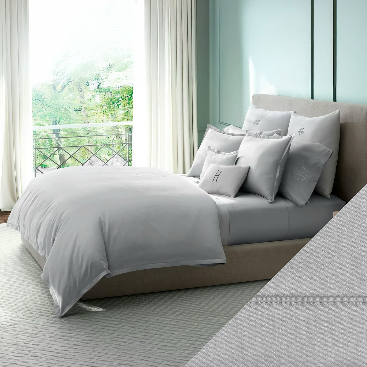 Matouk Talita Satin Stitch Bedding Collection with Silver Swatch