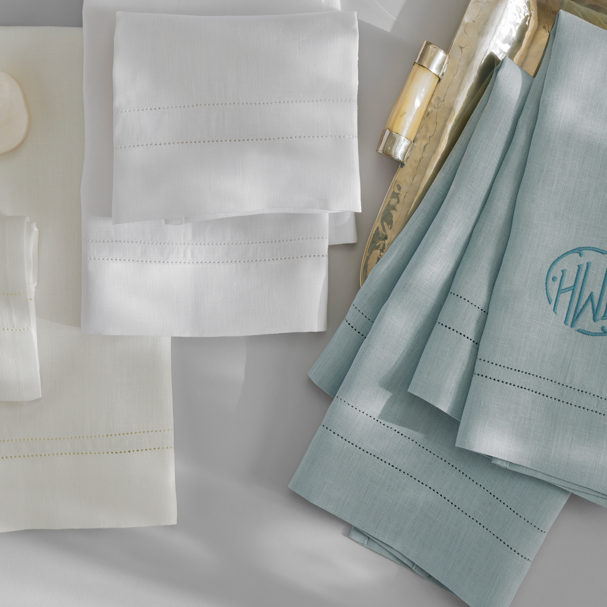 Matouk Valentina Hemstitch Guest Towels in Ivory Sea and White Colors