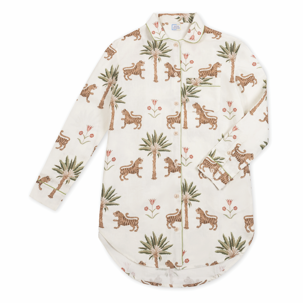 Matouk Valentina Sleep Shirt in Tiger Palm Tigereye laid flat against a white background