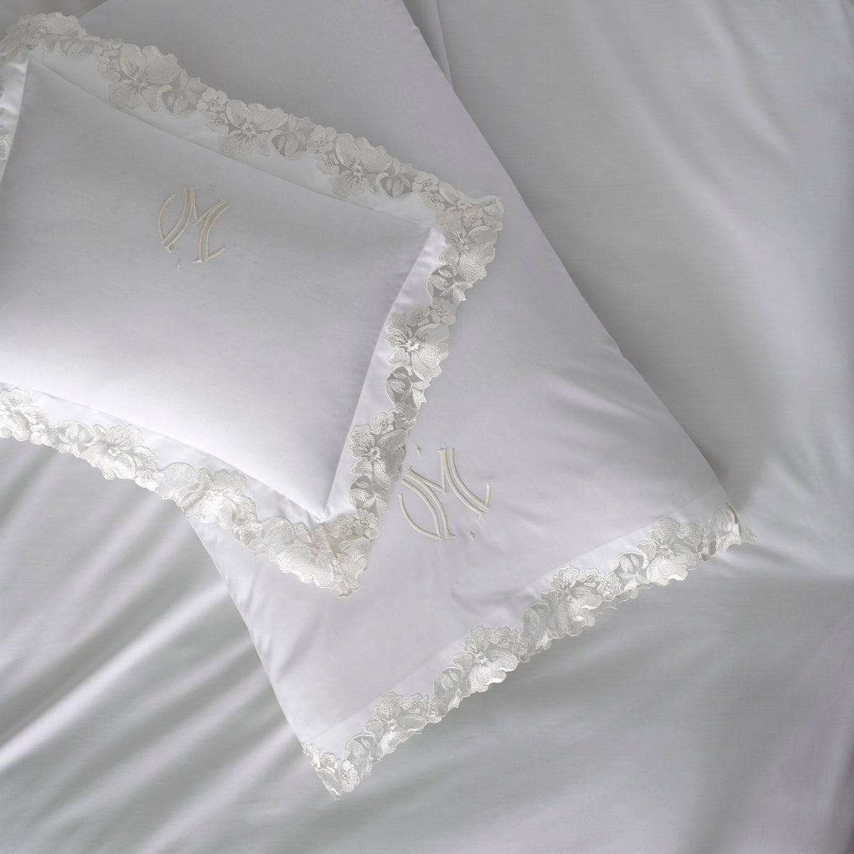 Closeup View of Pillows of Matouk Virginia Bedding in Color White