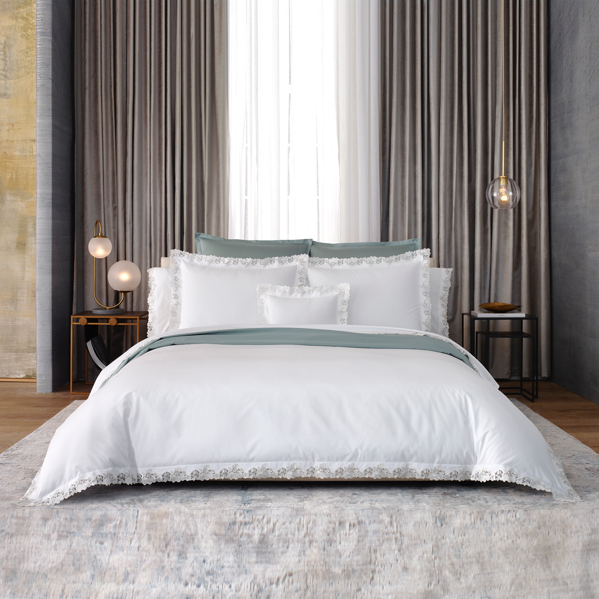 Full Bed with Matouk Virginia Bedding in White Color Together with Talita Satin Stitch Collection