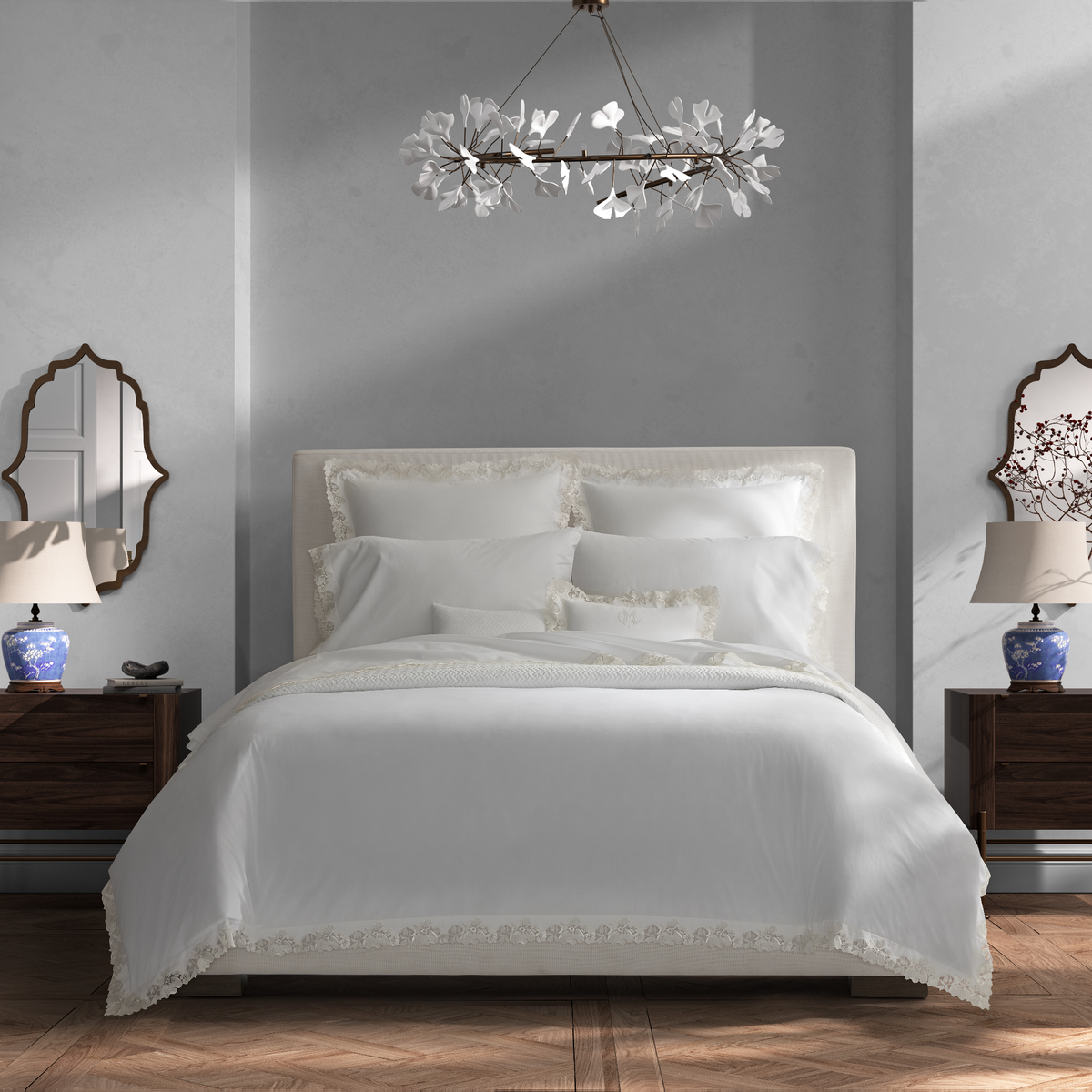 Full Bed with Matouk Virginia Bedding in White  Color Together with Basketweave Collection
