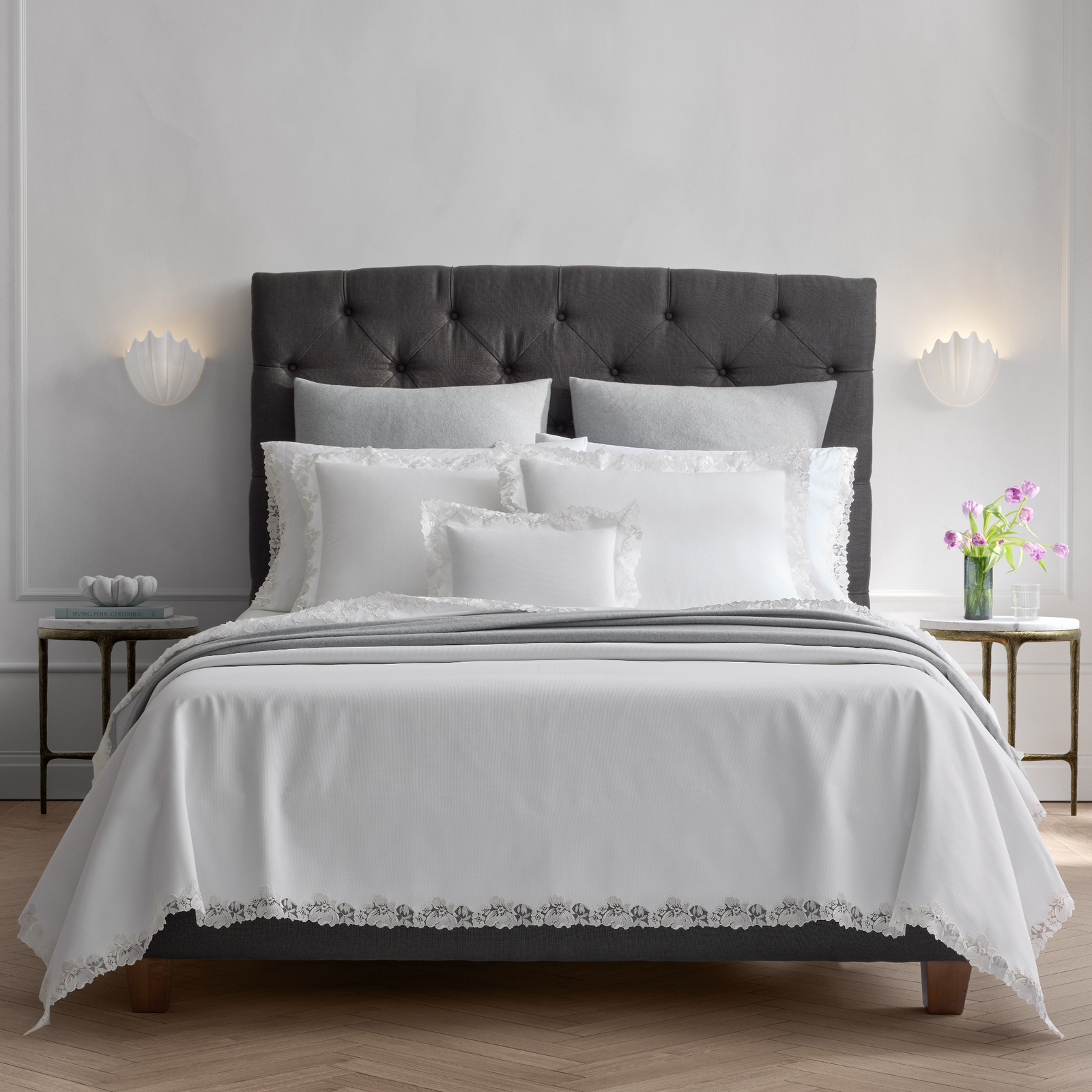 Bed in White Matouk Virginia Lace Bedding with Venus Pool