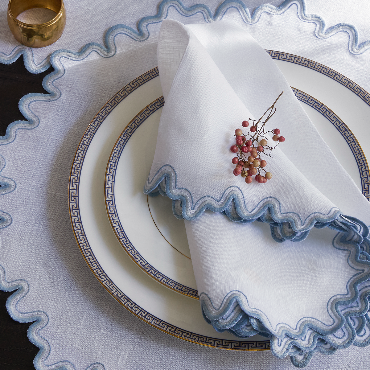 Hazy Blue Napkin and Placemat of Matouk Wave Table Linen