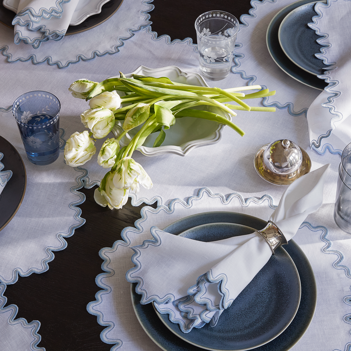 Hazy Blue Matouk Wave Table Linens On Table Setting