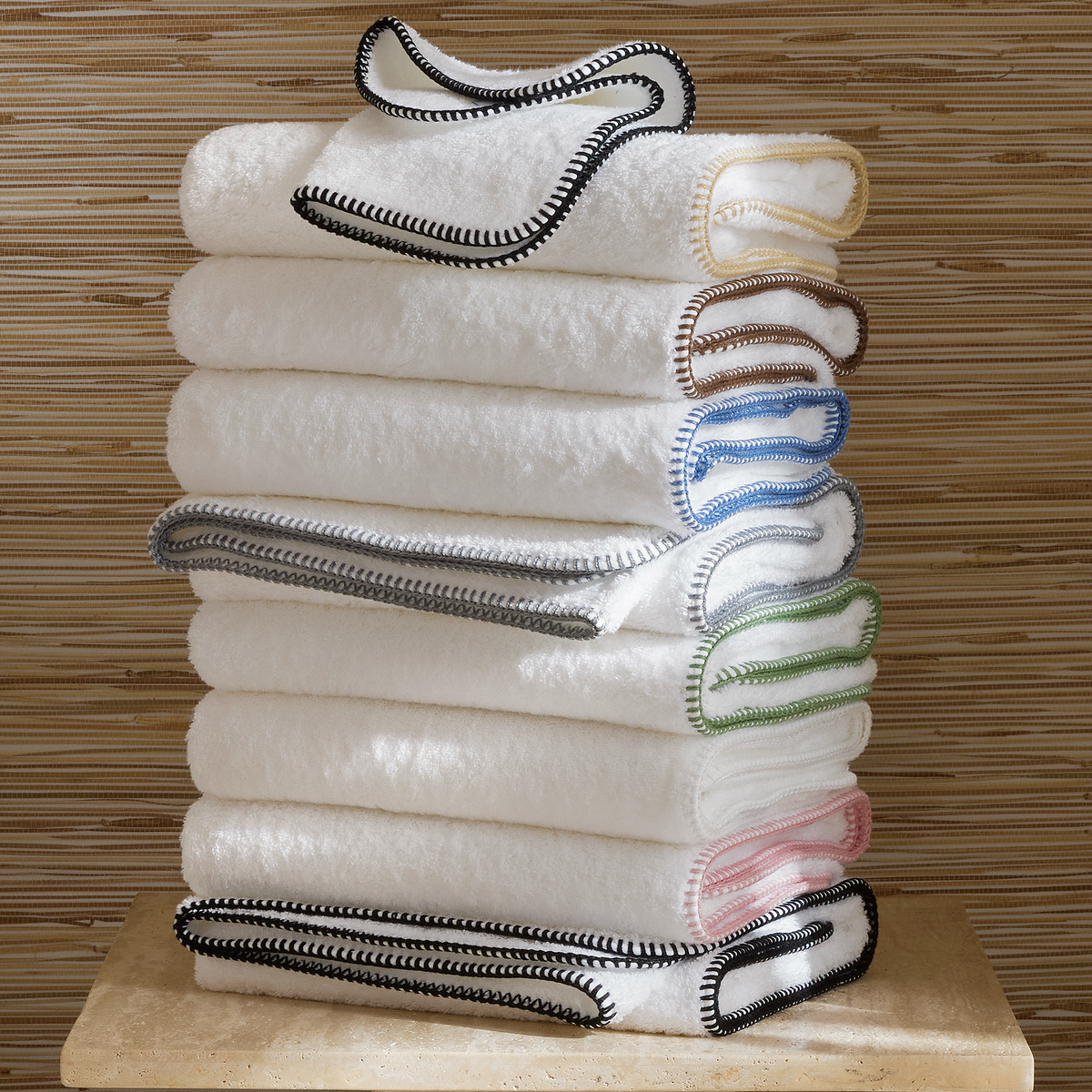Stack of Matouk Whipstitch Bath Towels in 2026 colors
