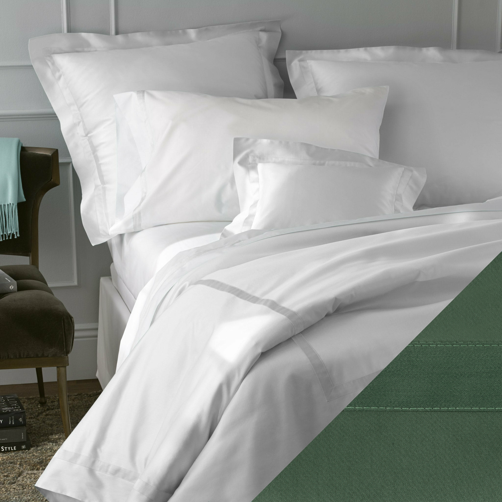 Matouk Nocturne Bedding Collection with Green Swatch