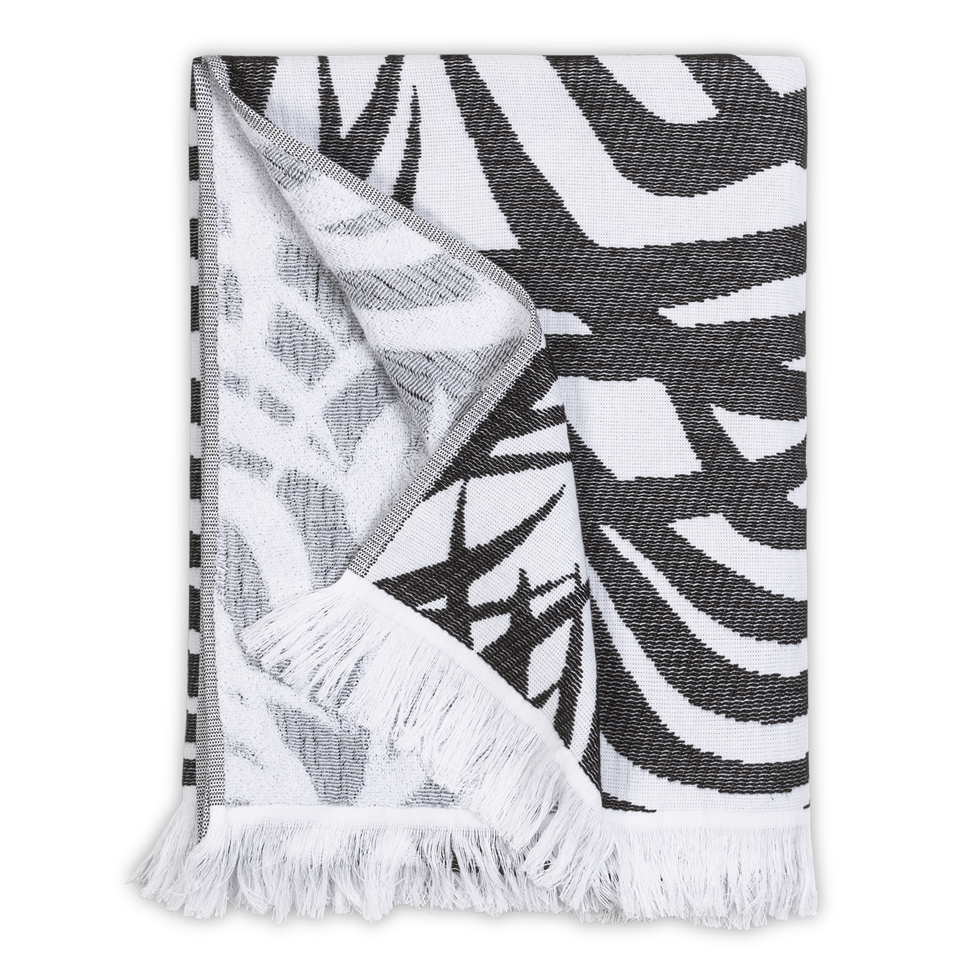Folded Beach Towel of Matouk Zebra Palm in Color Sand Black