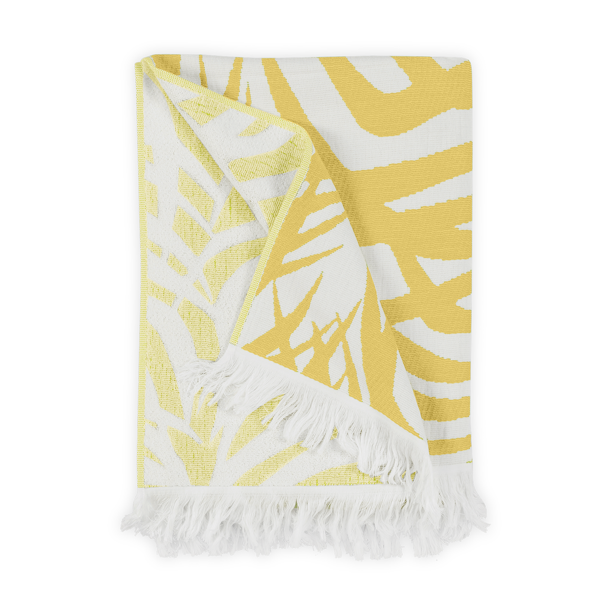 Folded Beach Towel of Matouk Zebra Palm in Color Canary