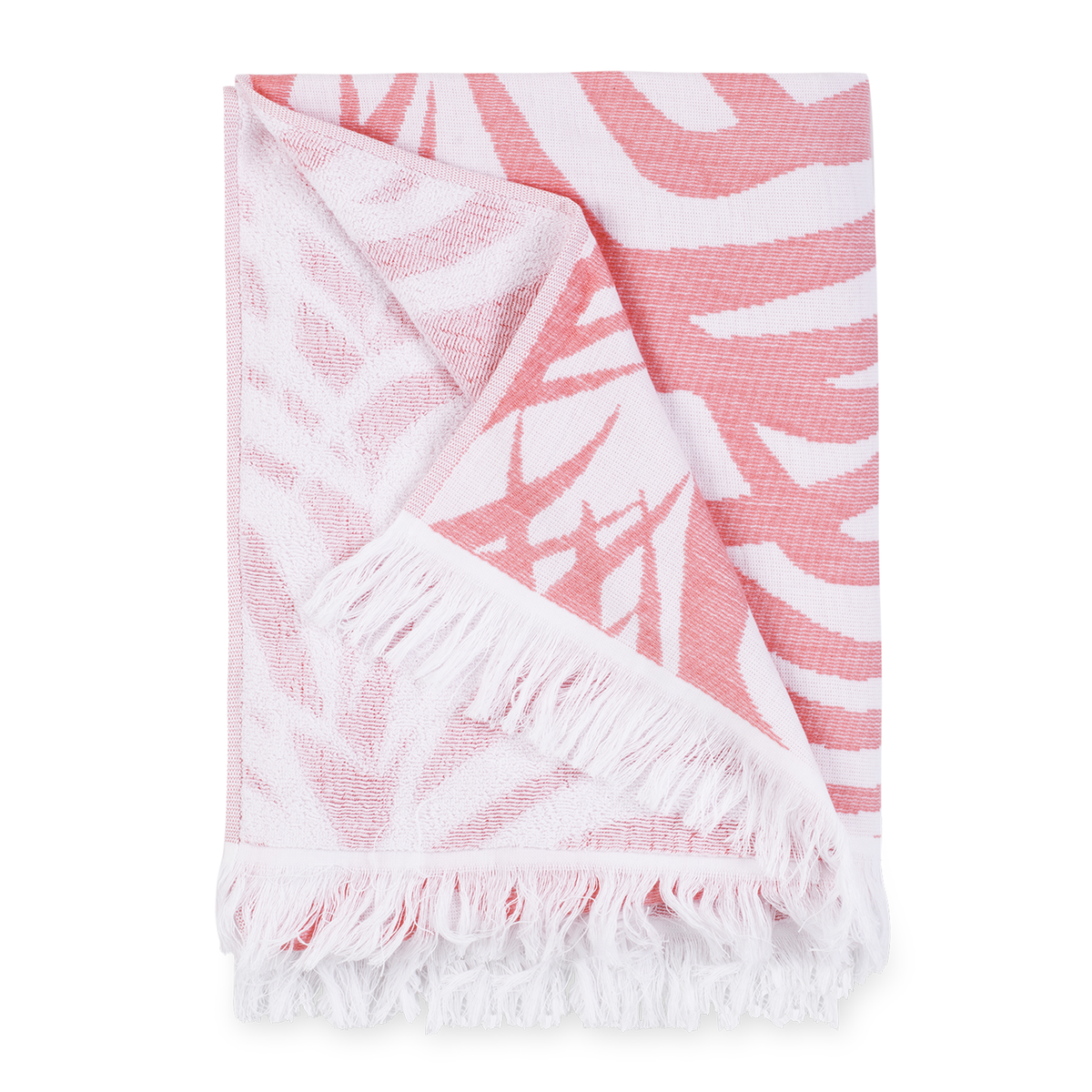 Folded Beach Towel of Matouk Zebra Palm in Color Flamingo