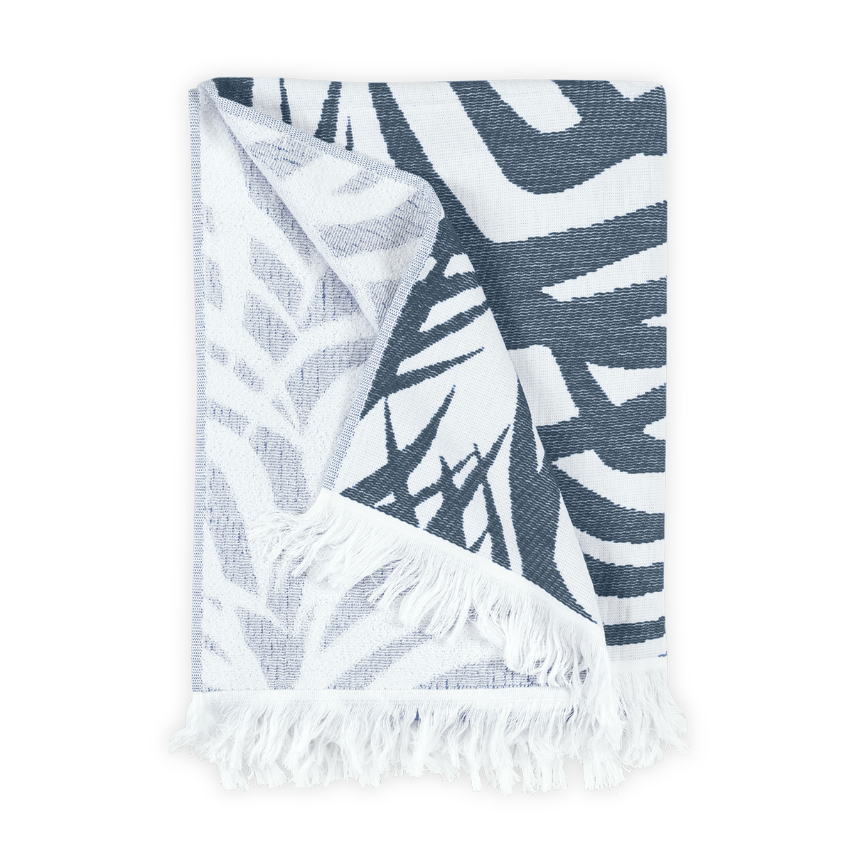 Folded Beach Towel of Matouk Zebra Palm in Color Navy