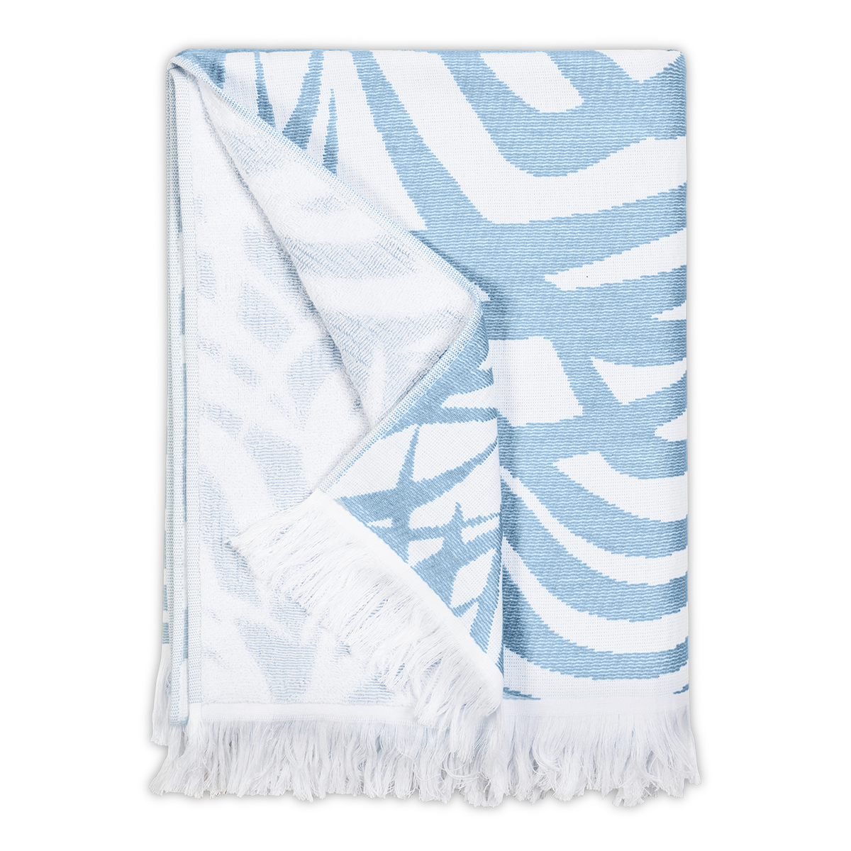 Folded Beach Towel of Matouk Zebra Palm in Color Pool Blue