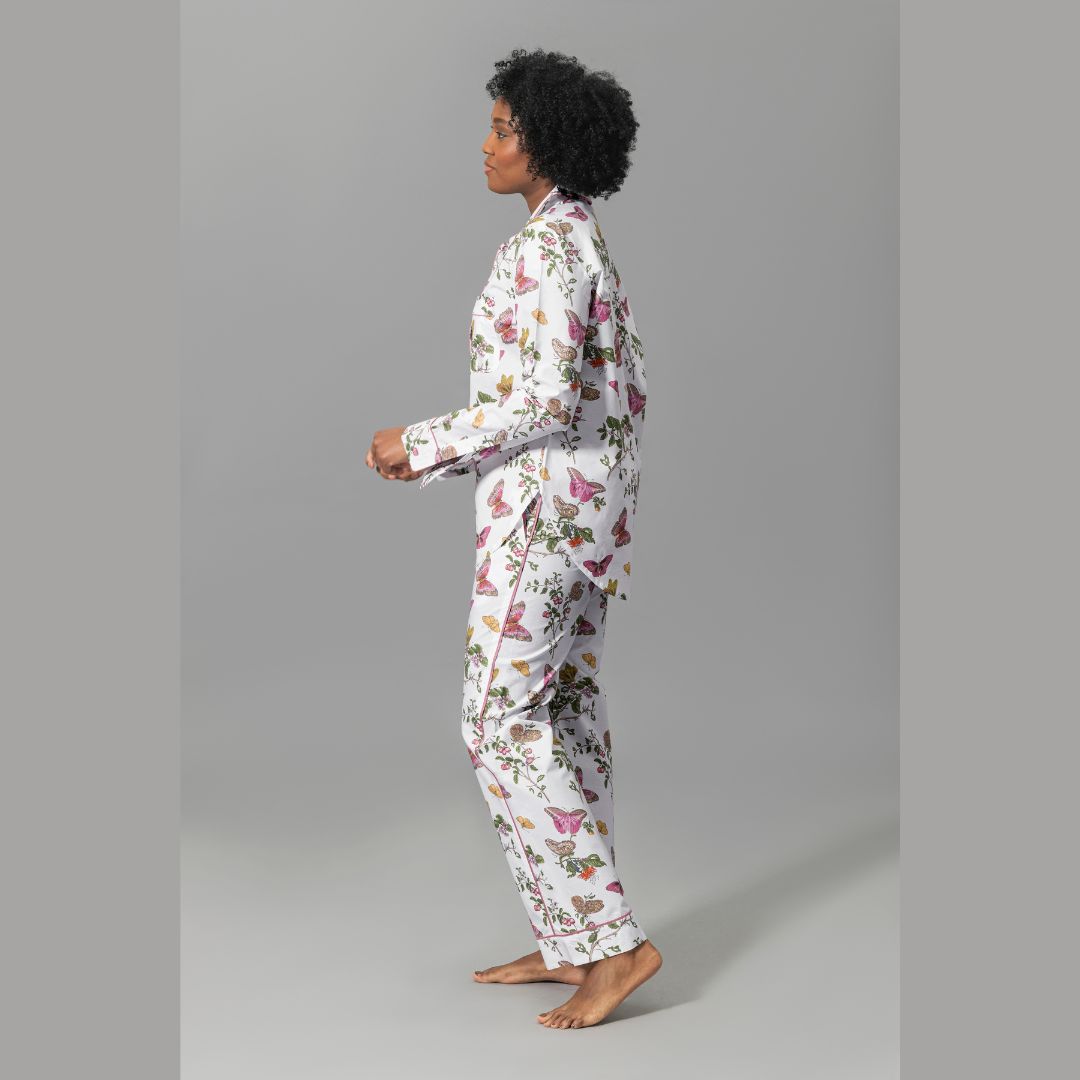 Matouk Baudin Butterfly Pajamas in Pink - model in profile