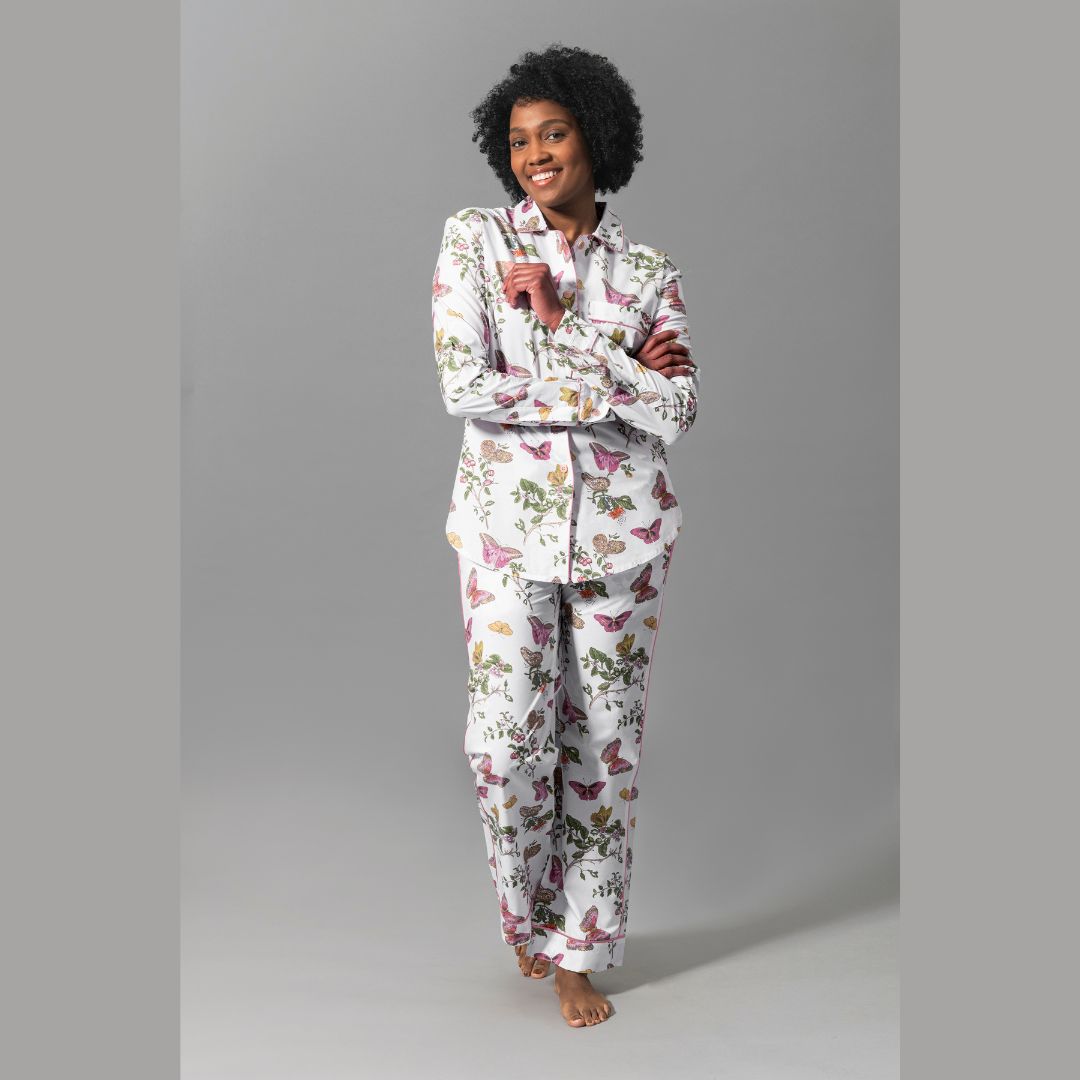 Matouk Baudin Butterfly Pajamas in Pink model with crossed arms