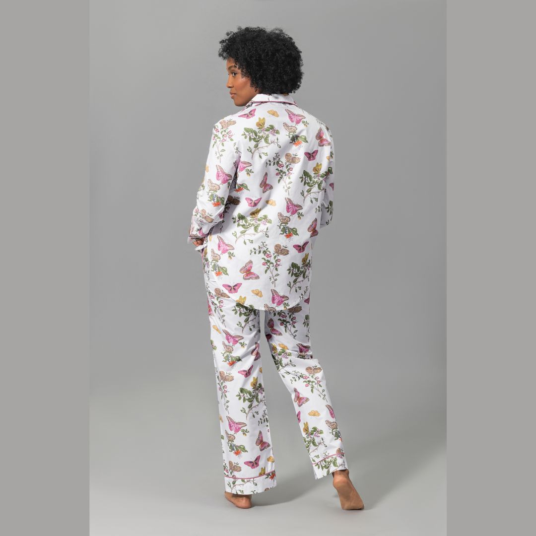 Matouk Baudin Butterfly Pajamas in Pink model looking over shoulder