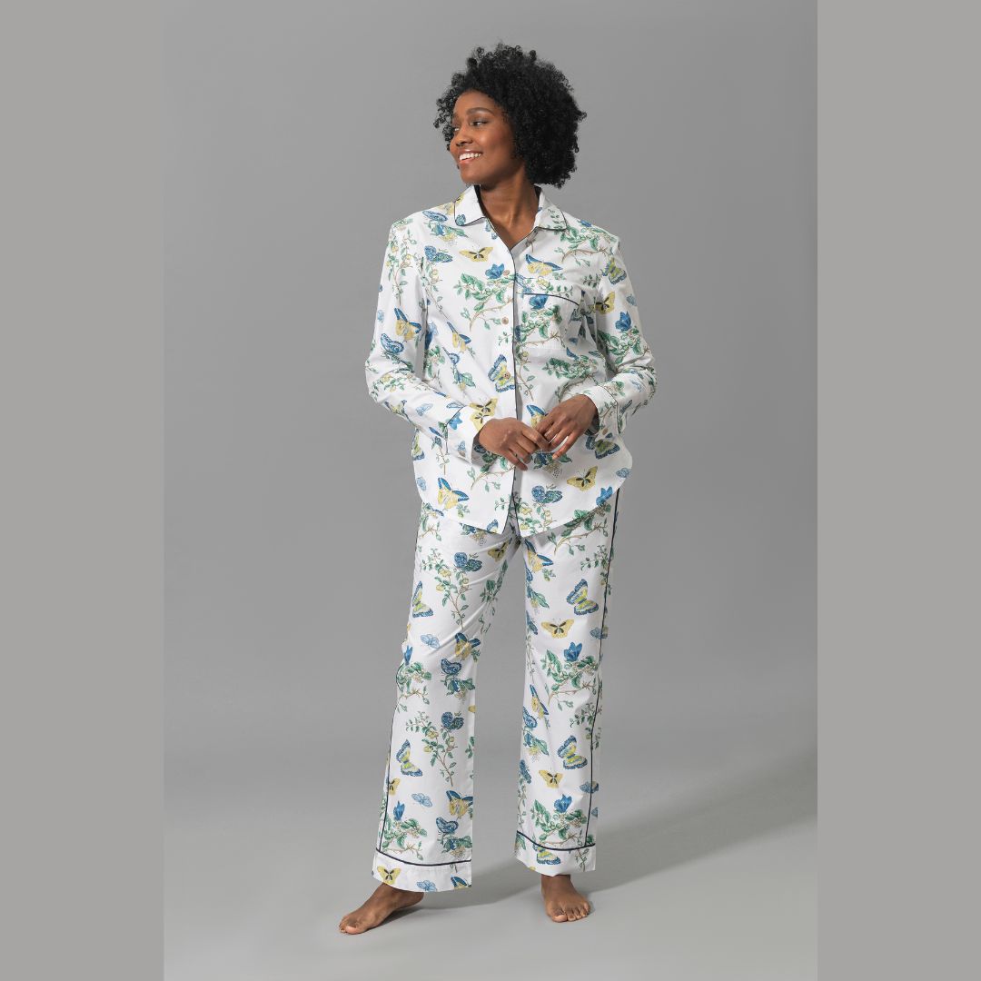 Matouk Baudin Butterfly Pajamas in Prussian Blue, model looking to side