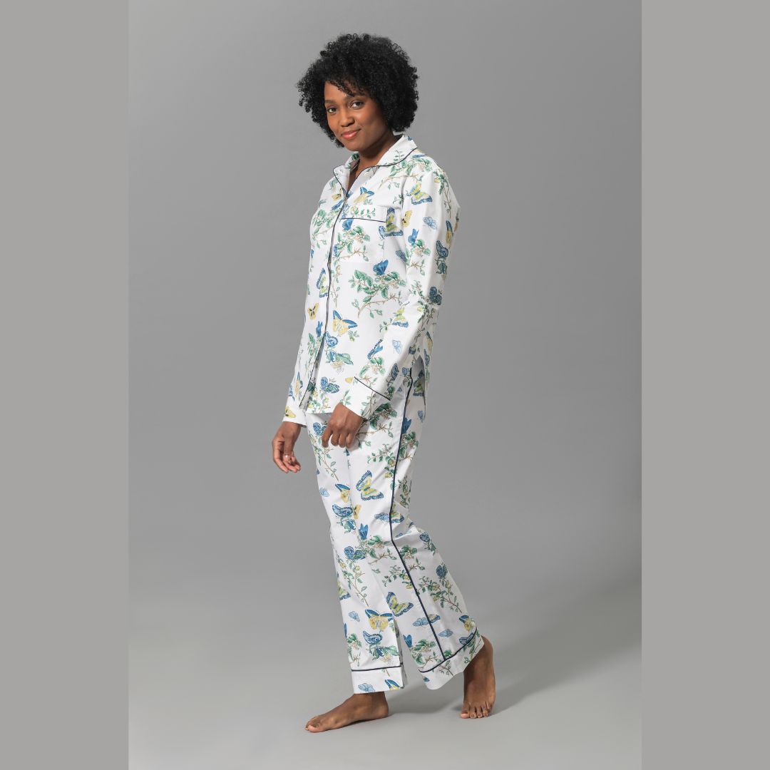 Matouk Baudin Butterfly Pajamas in Prussian Blue, profile view