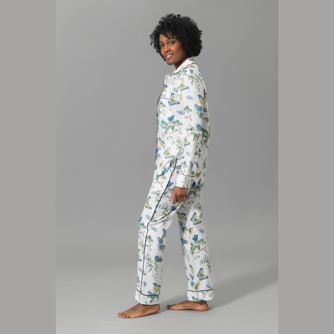 Matouk Baudin Butterfly Pajamas in Prussian Blue, profile view 2