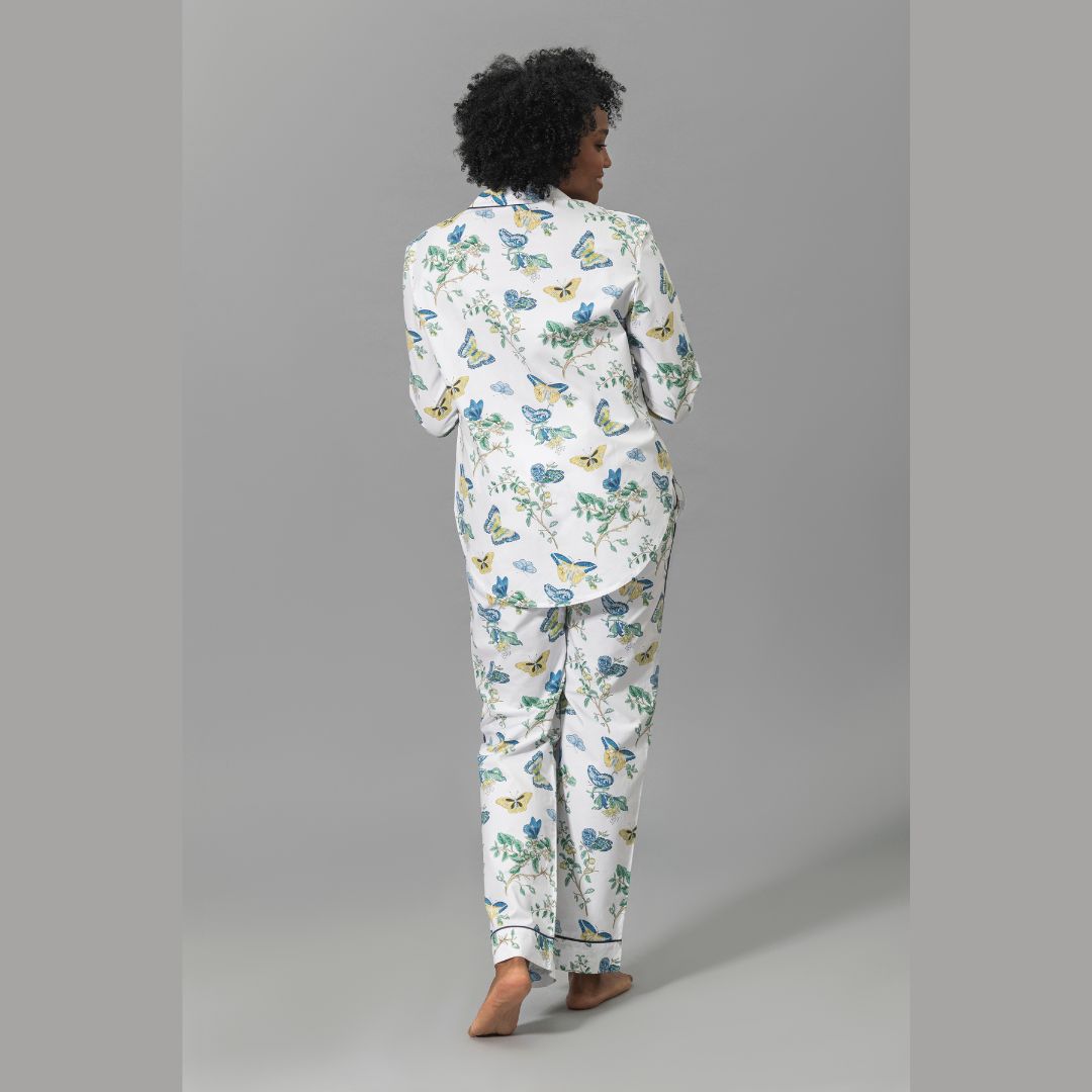 Matouk Baudin Butterfly Pajamas in Prussian Blue, rear view