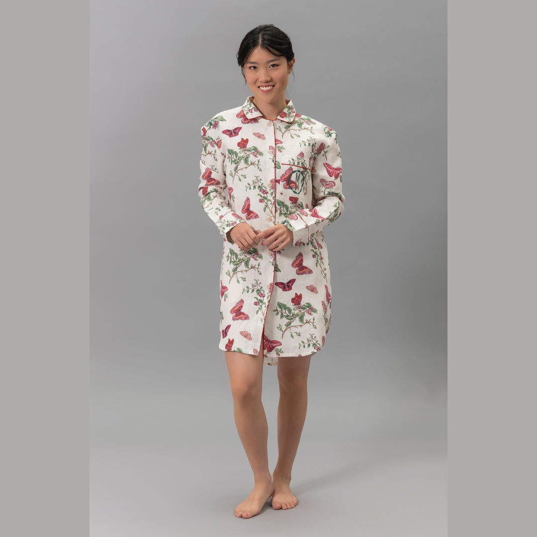 Woman wearing the Matouk Baudin Butterfly Pajama Shirt - front view
