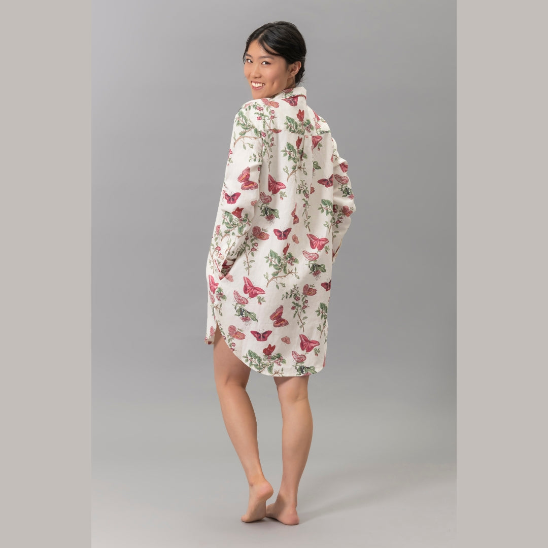 Woman wearing the Matouk Baudin Butterfly Pajama Shirt - back view