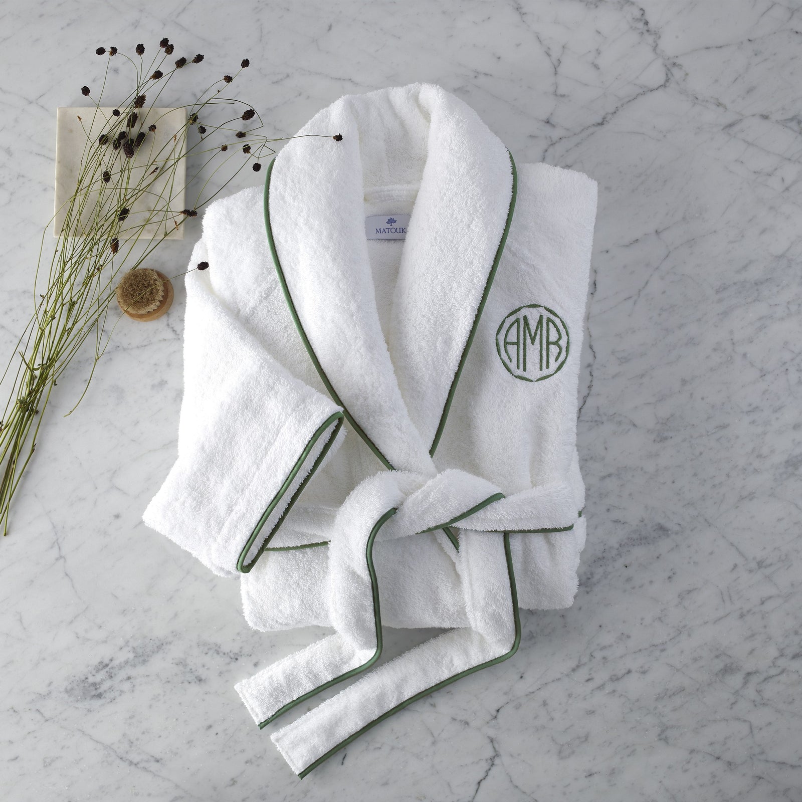 Matouk Cairo Bath Robe in White/Palm with custom monogram