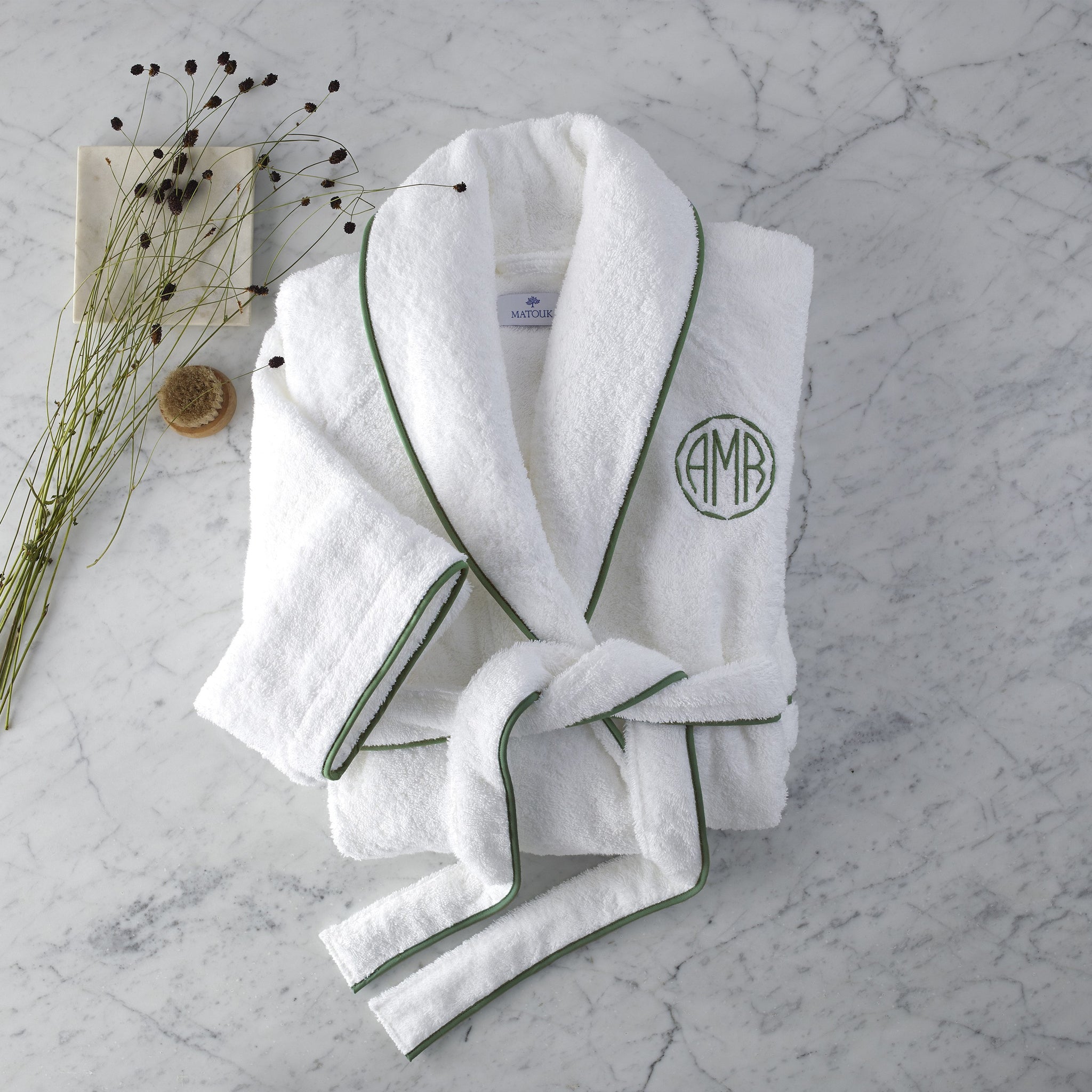 Bath Roub Matouk Cairo Bath Robe (White/Palm) | Pure Cotton Luxury Robe - FLandB.com