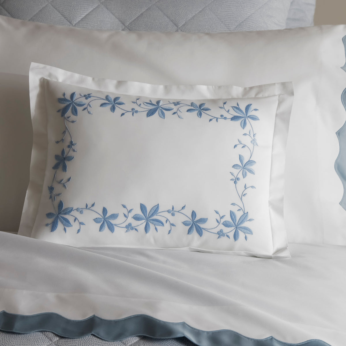 Matouk Callista Sham in Bluebell with Jasper and Lorelei in Hazy Blue