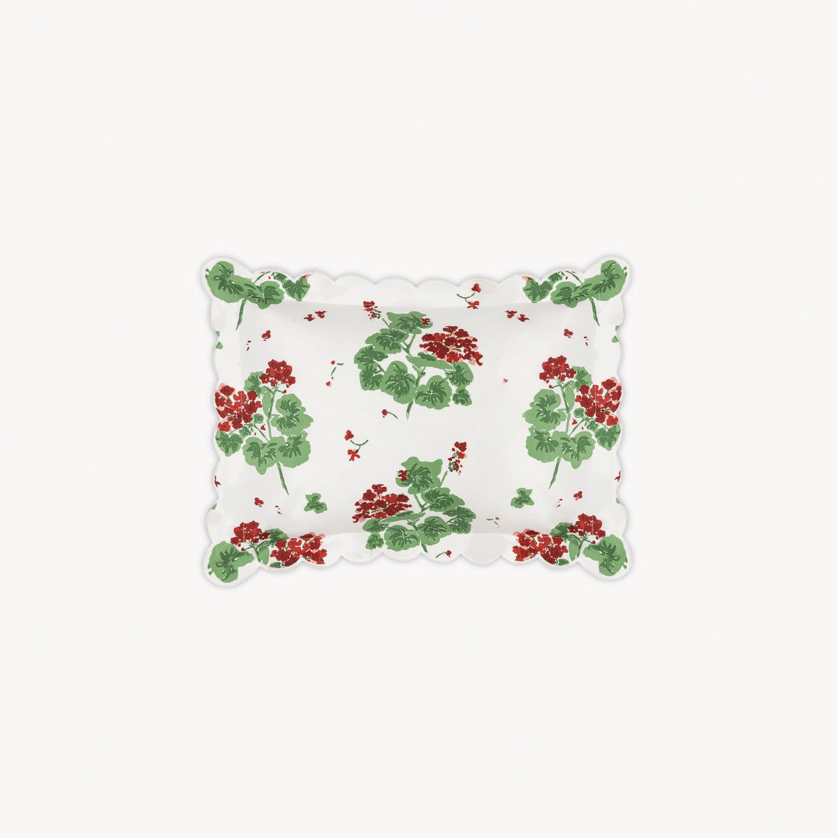 Floral-patterned boudoir sham with red and green flowers on a white background