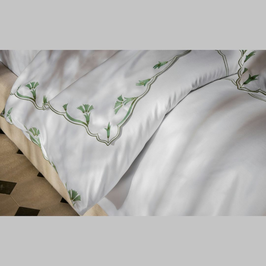 Matouk Marcella flat sheet and duvet cover in clover
