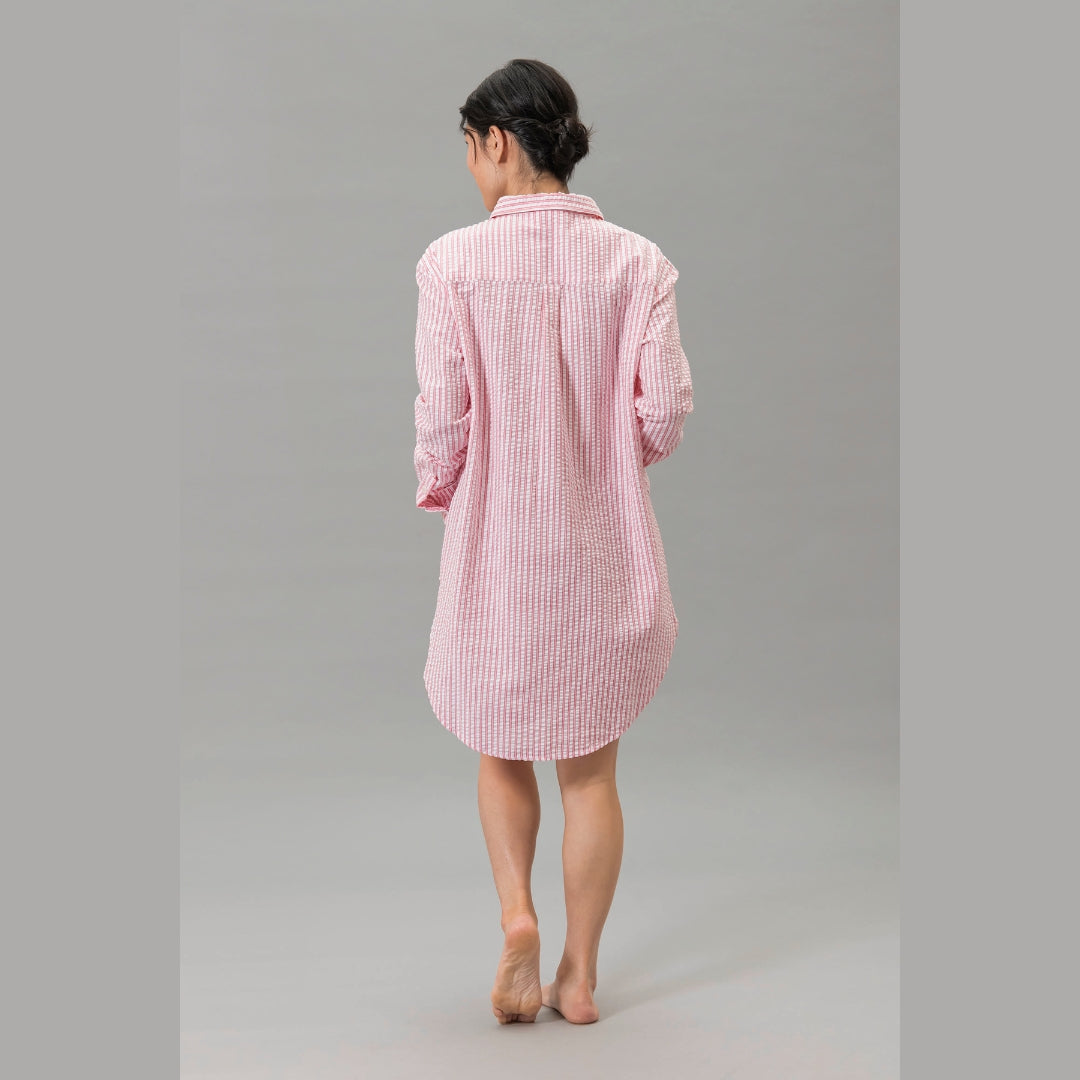 Woman wearing the Matouk Matteo Pajama Shirt in Peony - back view