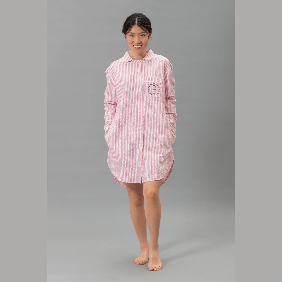 Woman wearing the Matouk Matteo Pajama Shirt in Peony - front view