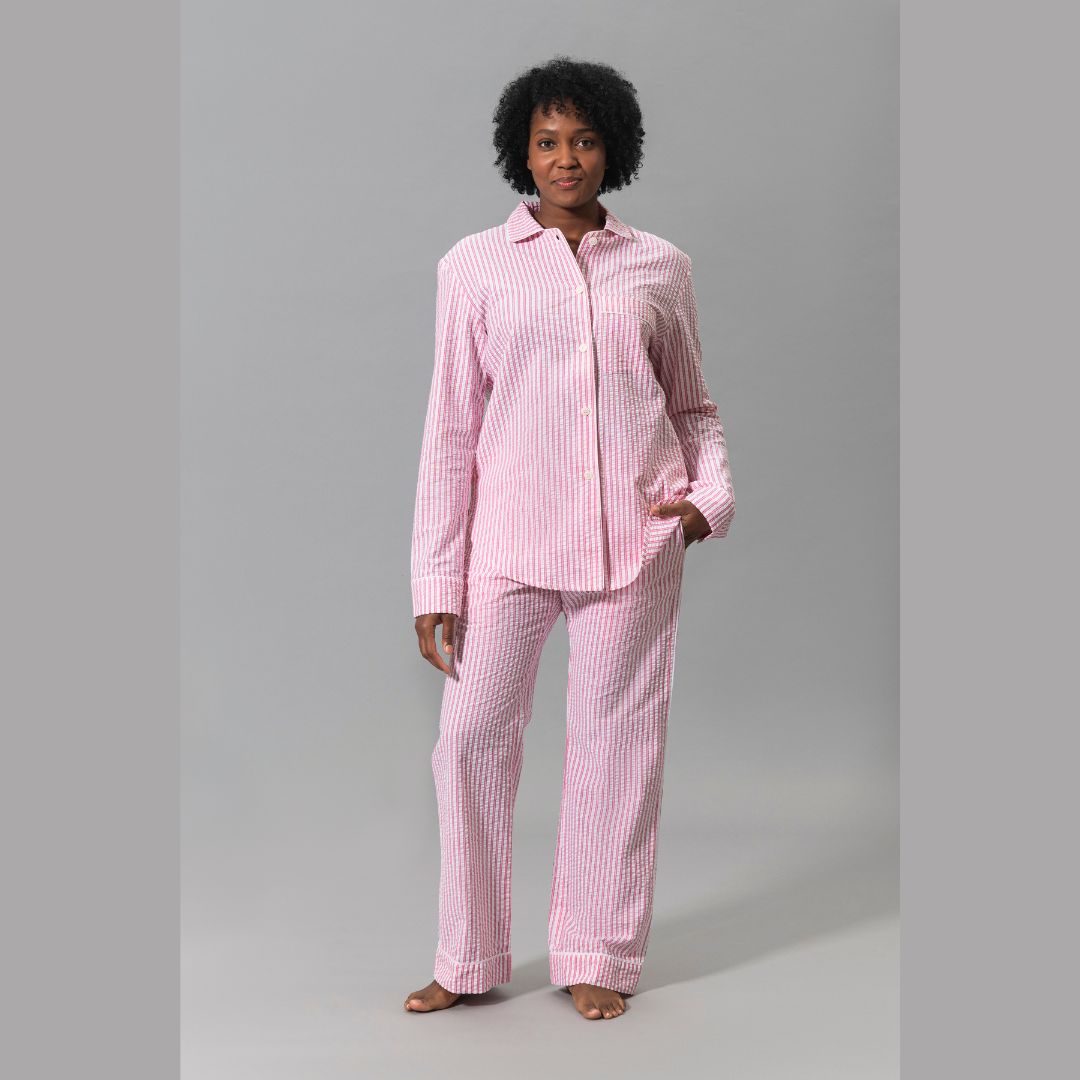 Matouk Matteo Pajamas in Peony - model hand in pocket