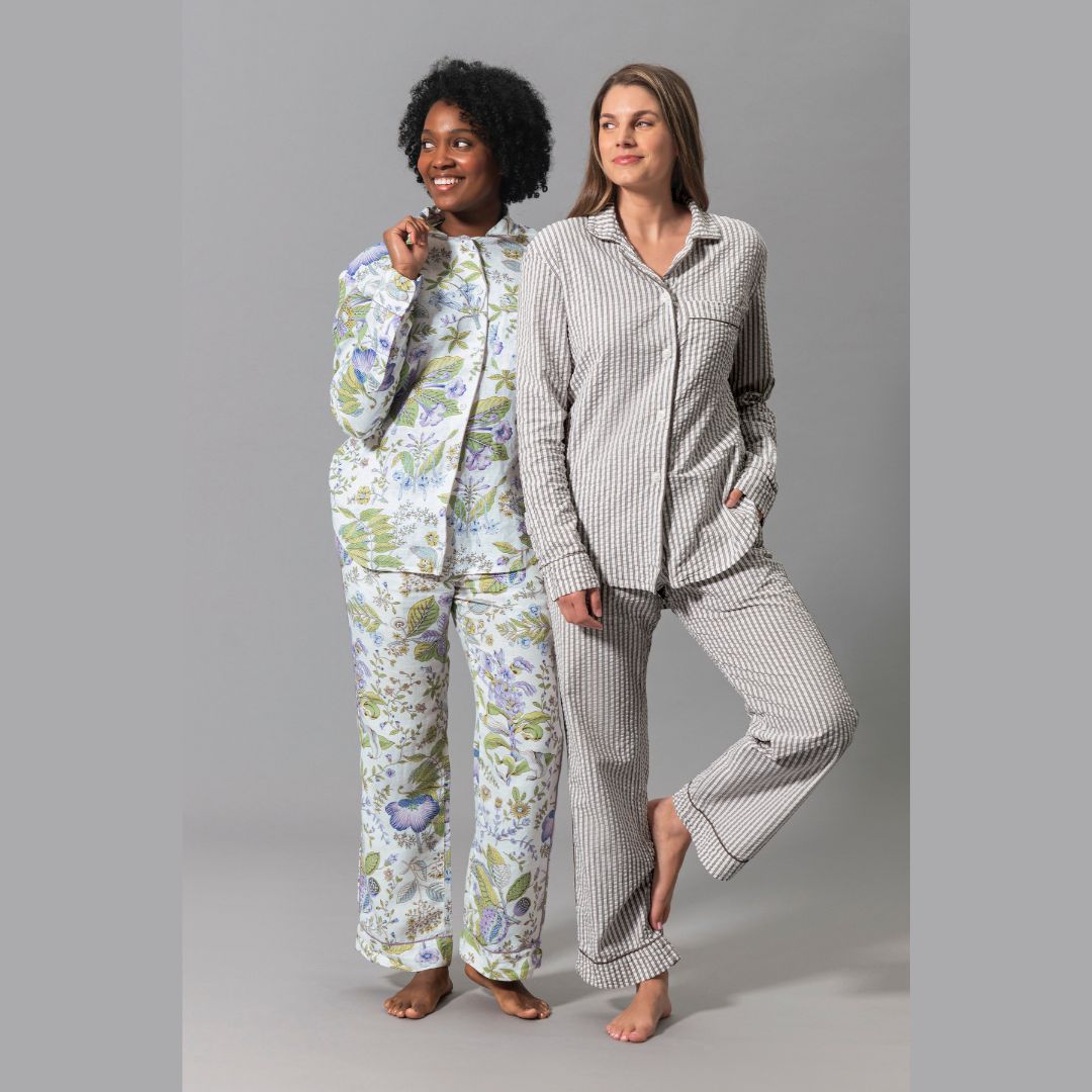 Matouk Matteo pajama in Bark and Matouk Pomegranate Linen Pajama in Lilac
