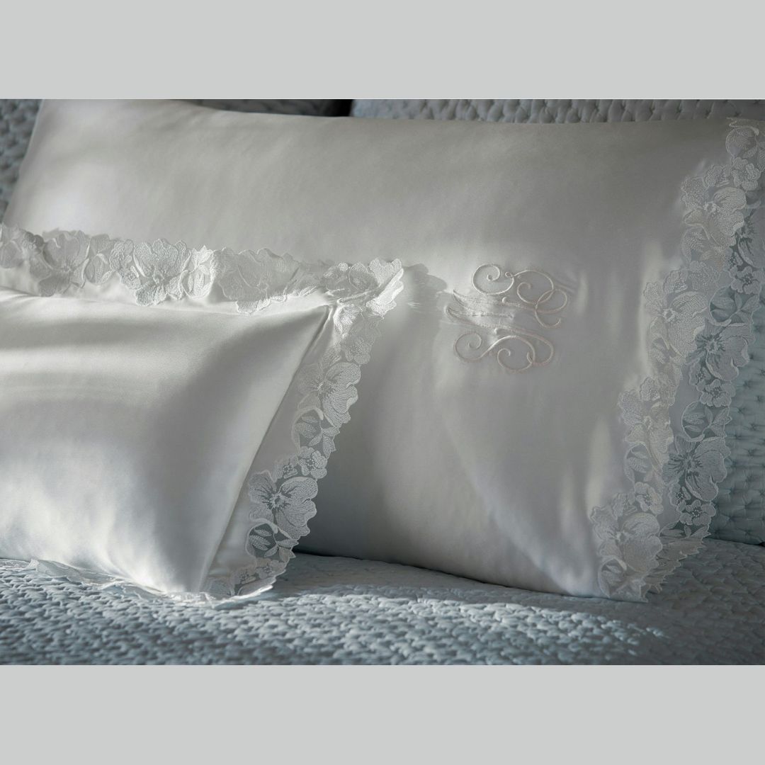 Matouk Silk Collection Virginia lifestyle image, with Margaret in the background