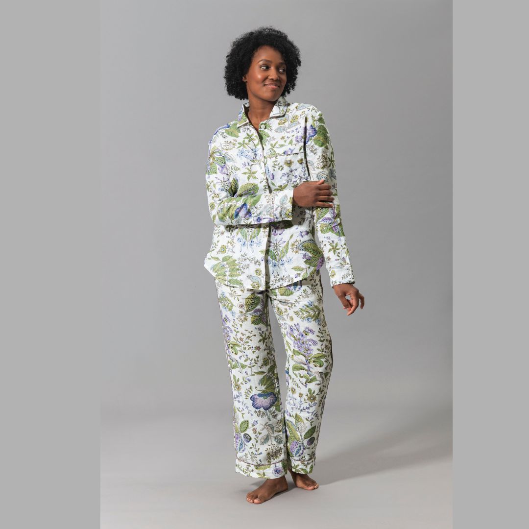 Matouk Roman Linen Pomegranate Lilac Pajama, model facing forwards