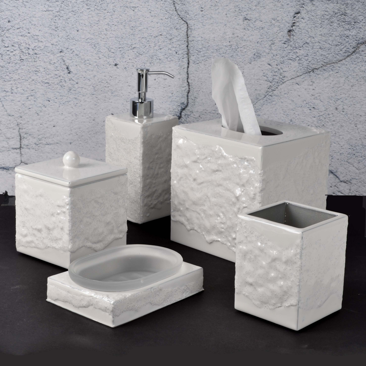 Mike and Ally Brut Bath Accessories in Pearl with Concrete Background