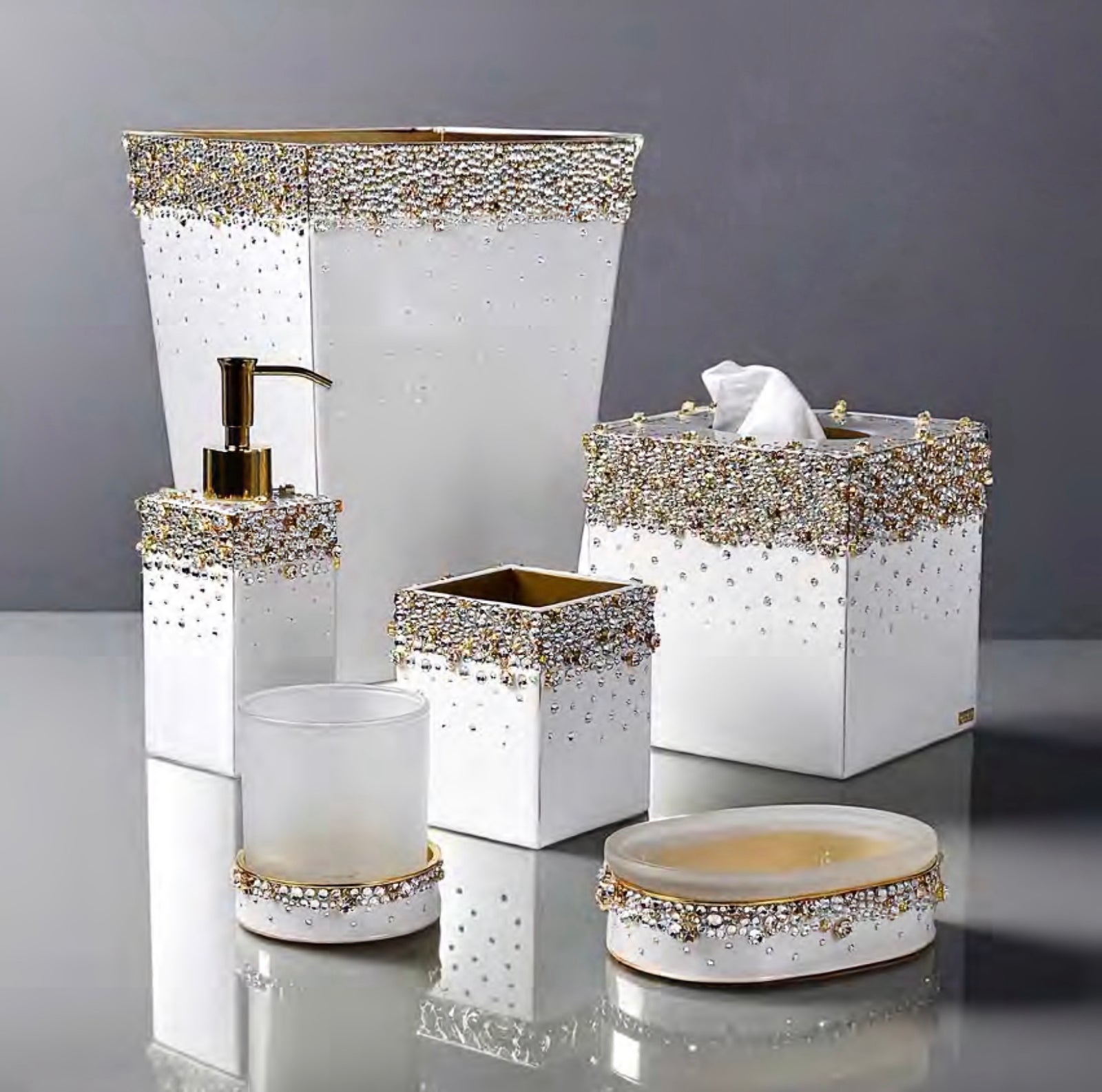 Set of Mike and Ally Duchess Bath Accessories in Pearl and Gold colors