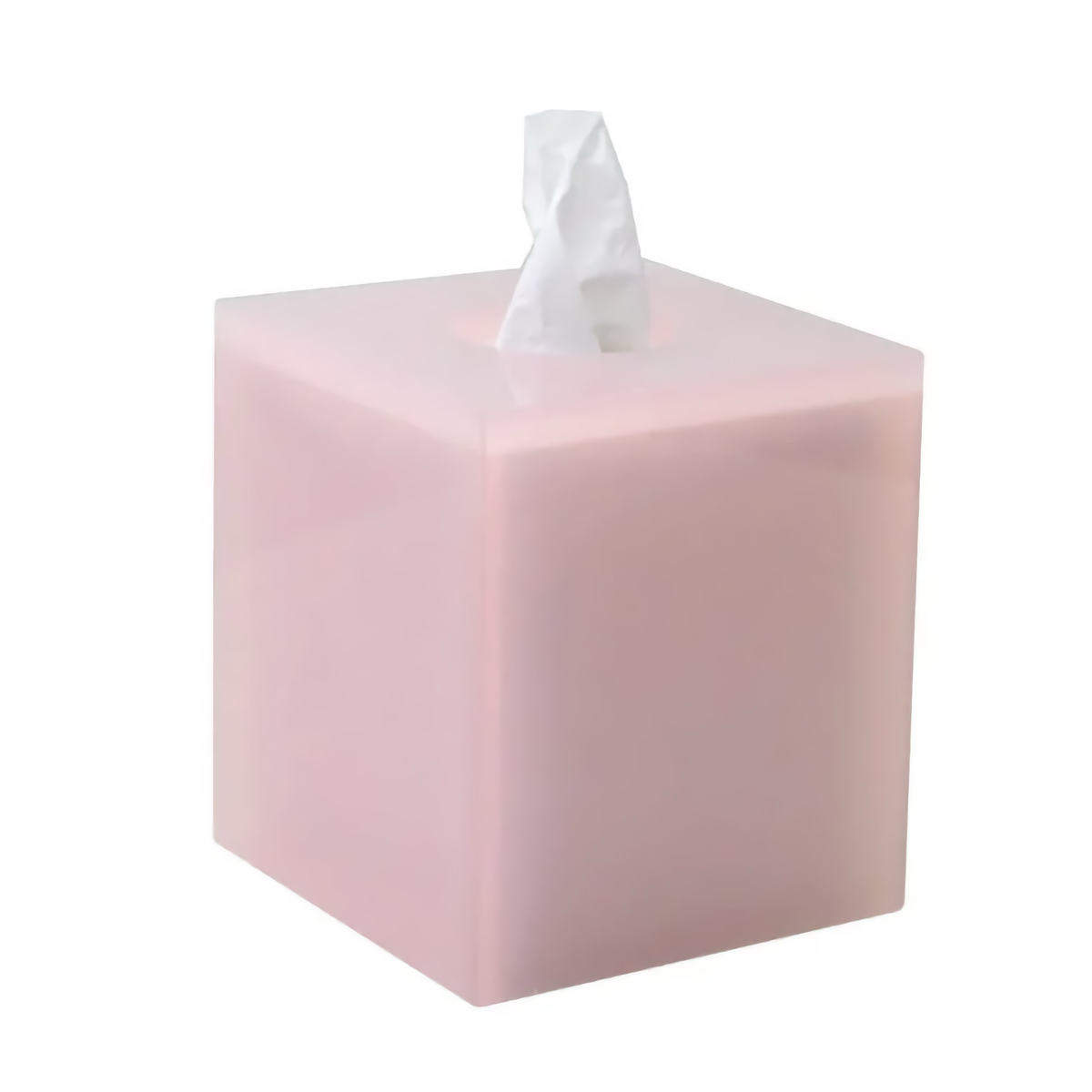 A pink, square tissue box from our lucite collection with a white tissue, perfect for custom bath accessories.