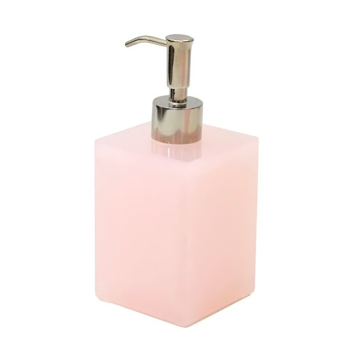 A square, light pink soap dispenser from the lucite collection with a silver pump top on a white background.