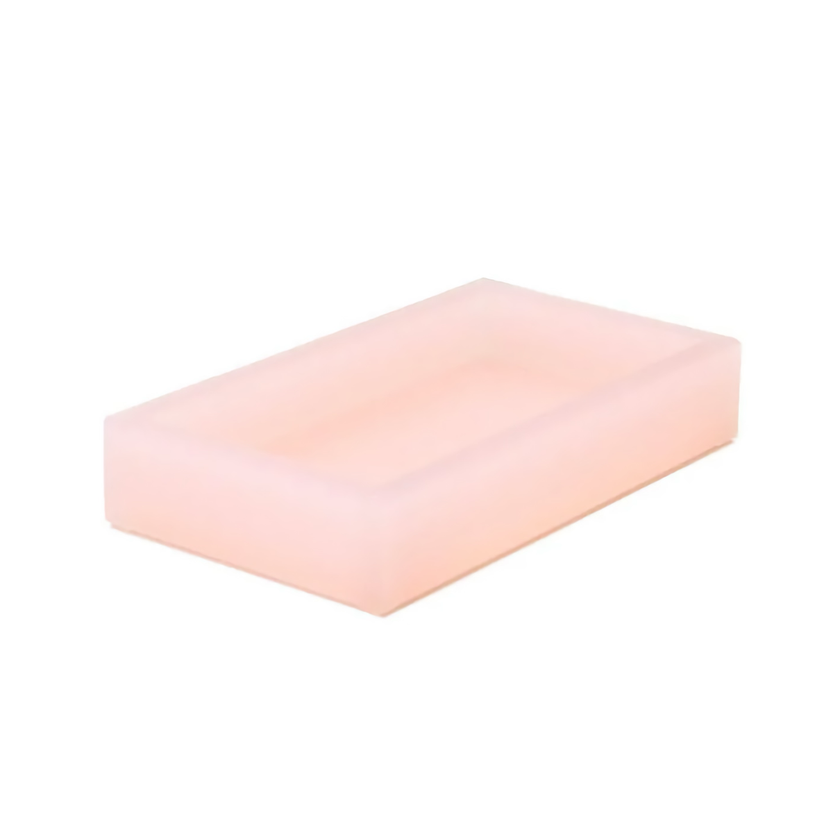 A rectangular, light pink, translucent soap dish from our Ice Frosted Bath Accessories lucite collection.