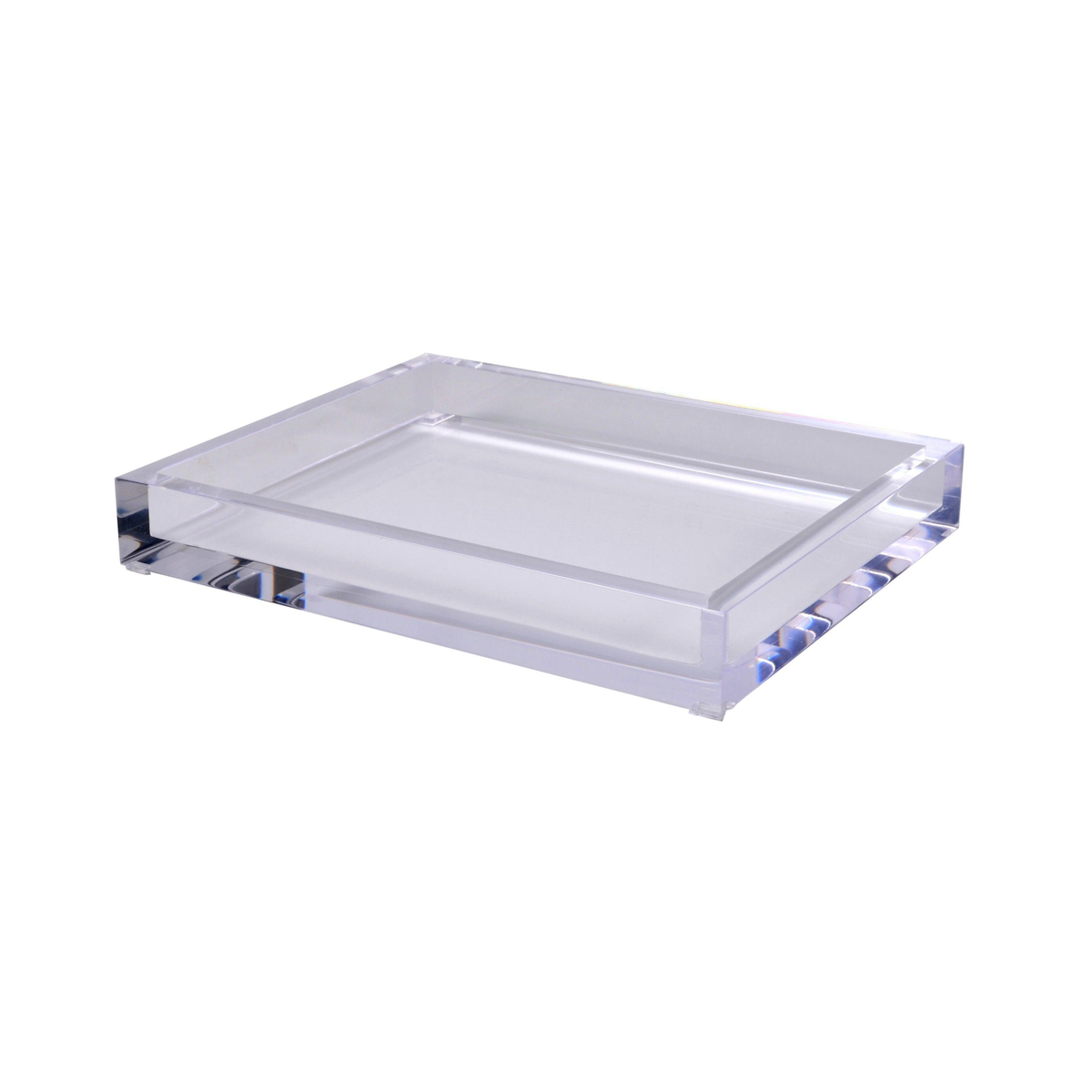 A clear rectangular acrylic tray with raised edges, perfect for Mike and Ally luxury bathroom accessories.