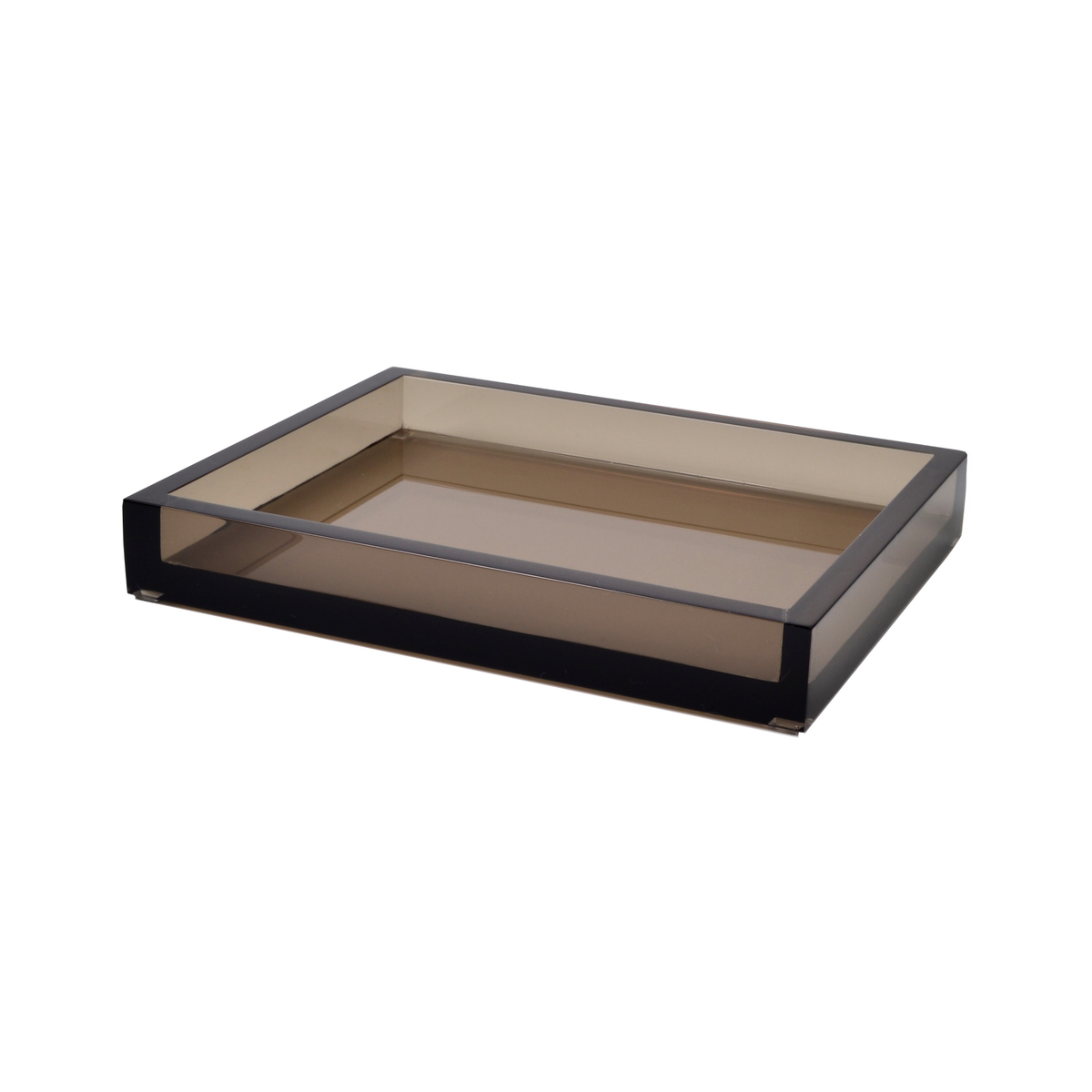 A rectangular, shallow Smoked Lucite tray with black sides and a beige-tinted base, set against a white background.